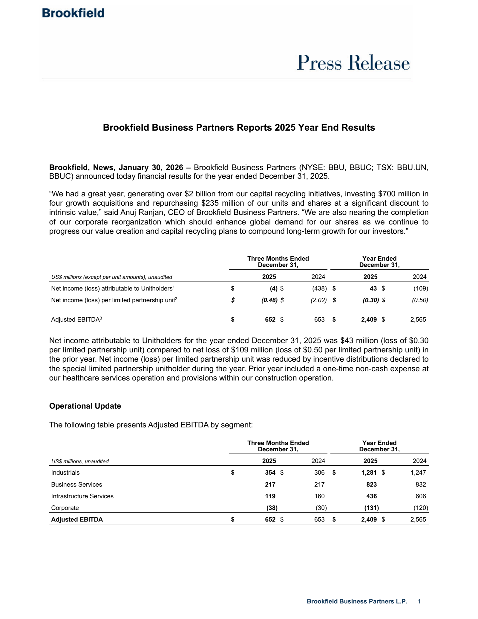 Brookfield Business Partners' Q4 2025 Press Release