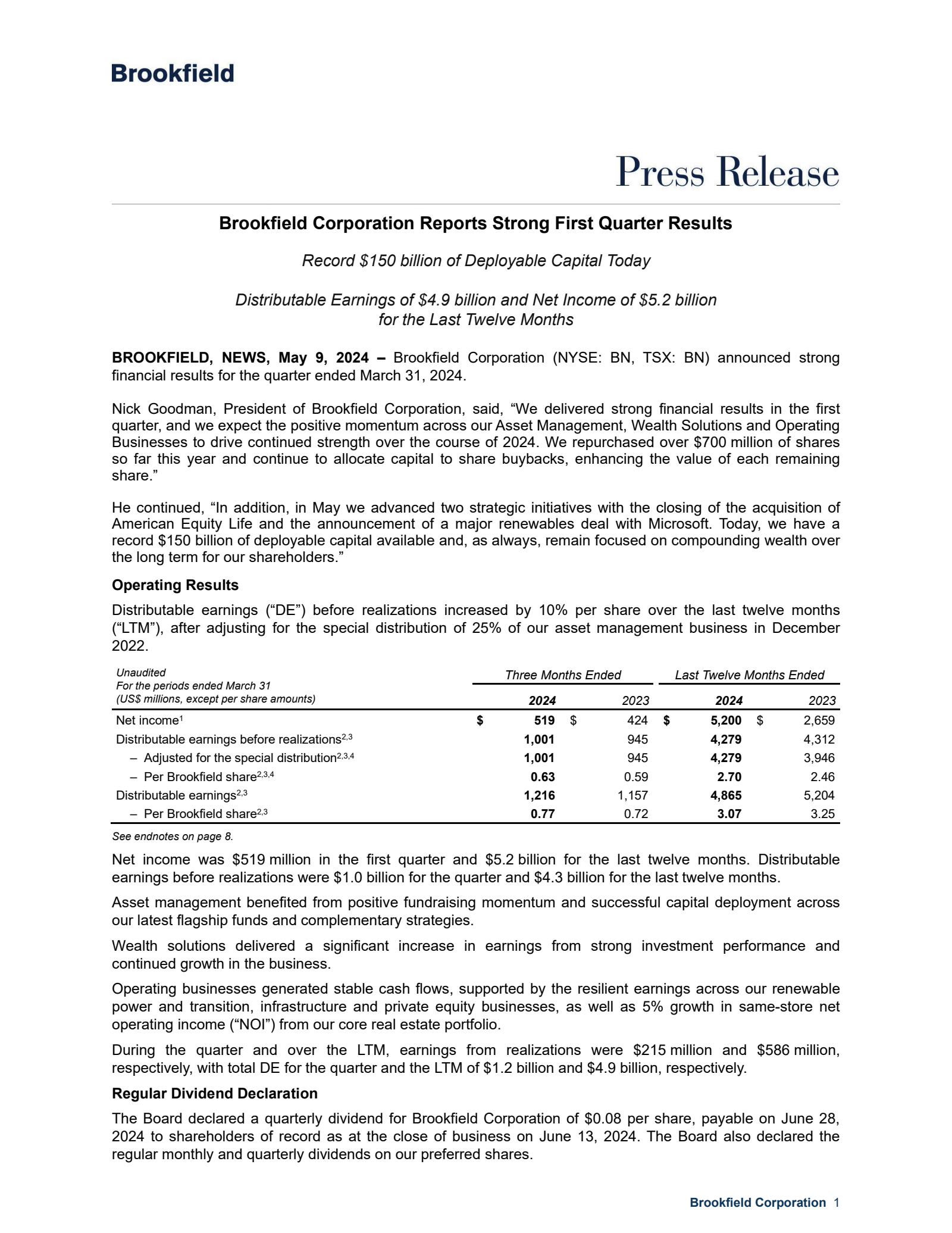 Brookfield's Q1 2024 Press Release