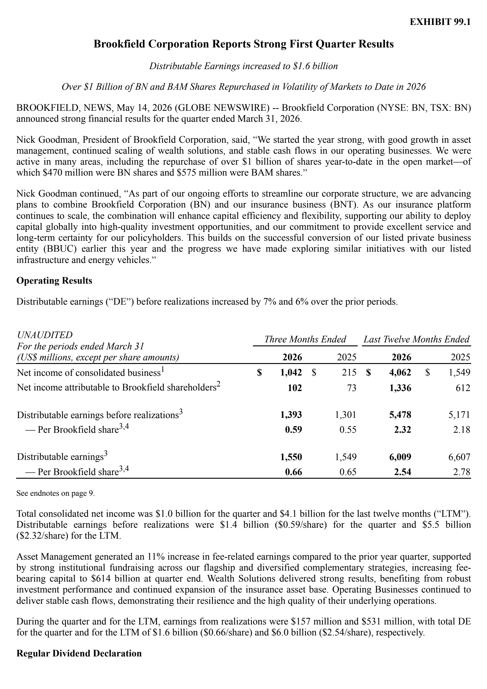 Brookfield's Q1 2026 Press Release