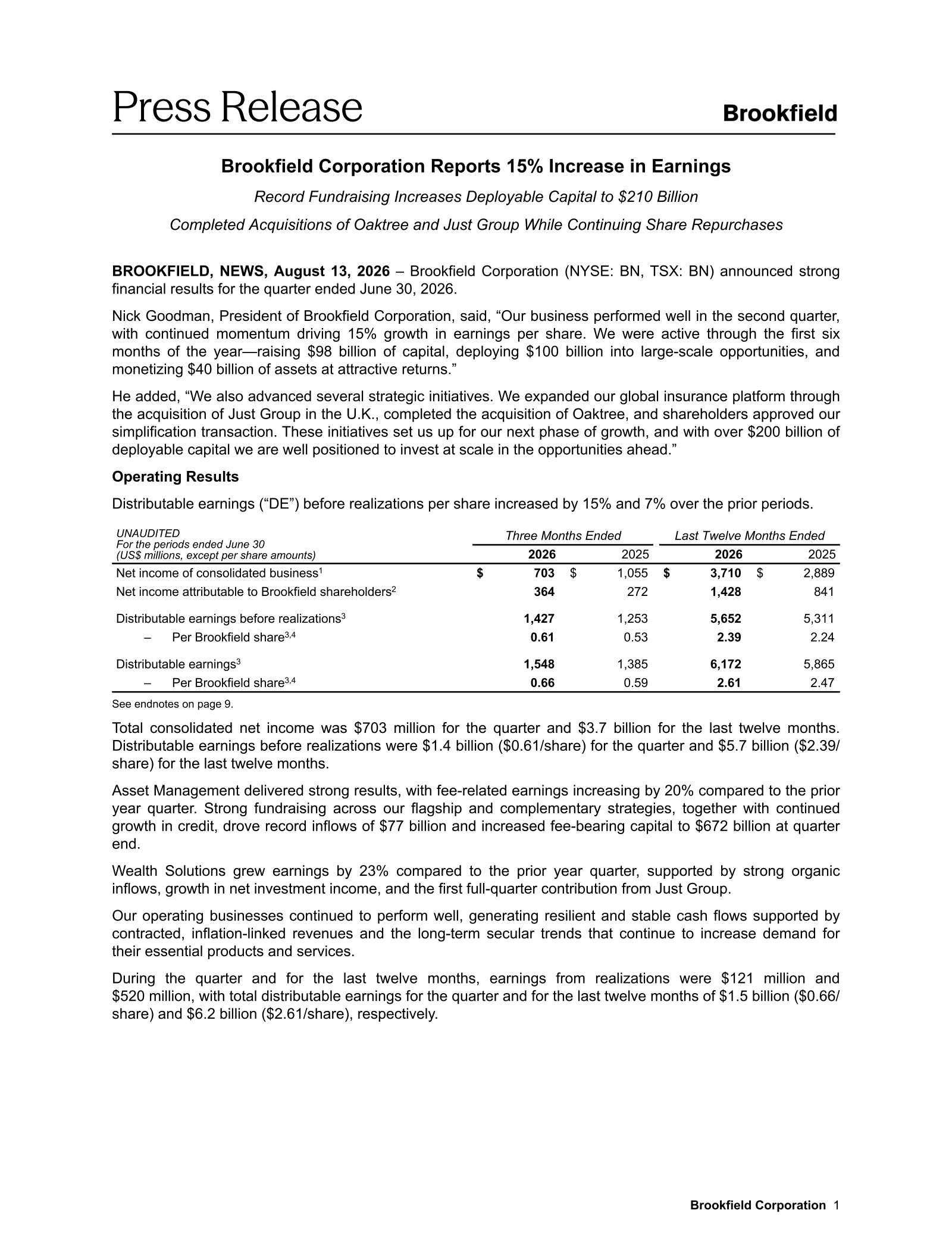 Brookfield's Q2 2026 Press Release