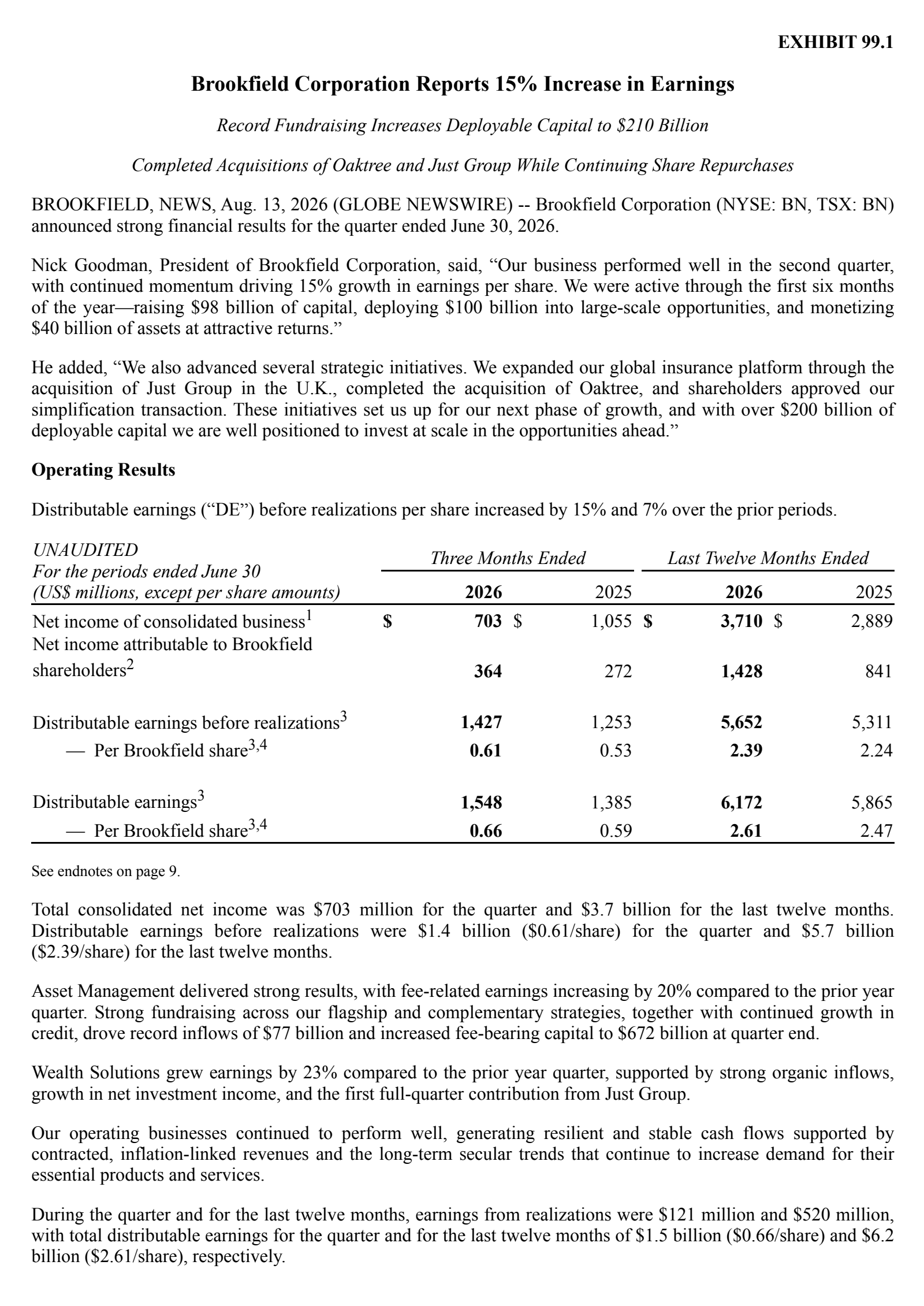 Brookfield's Q2 2026 Press Release
