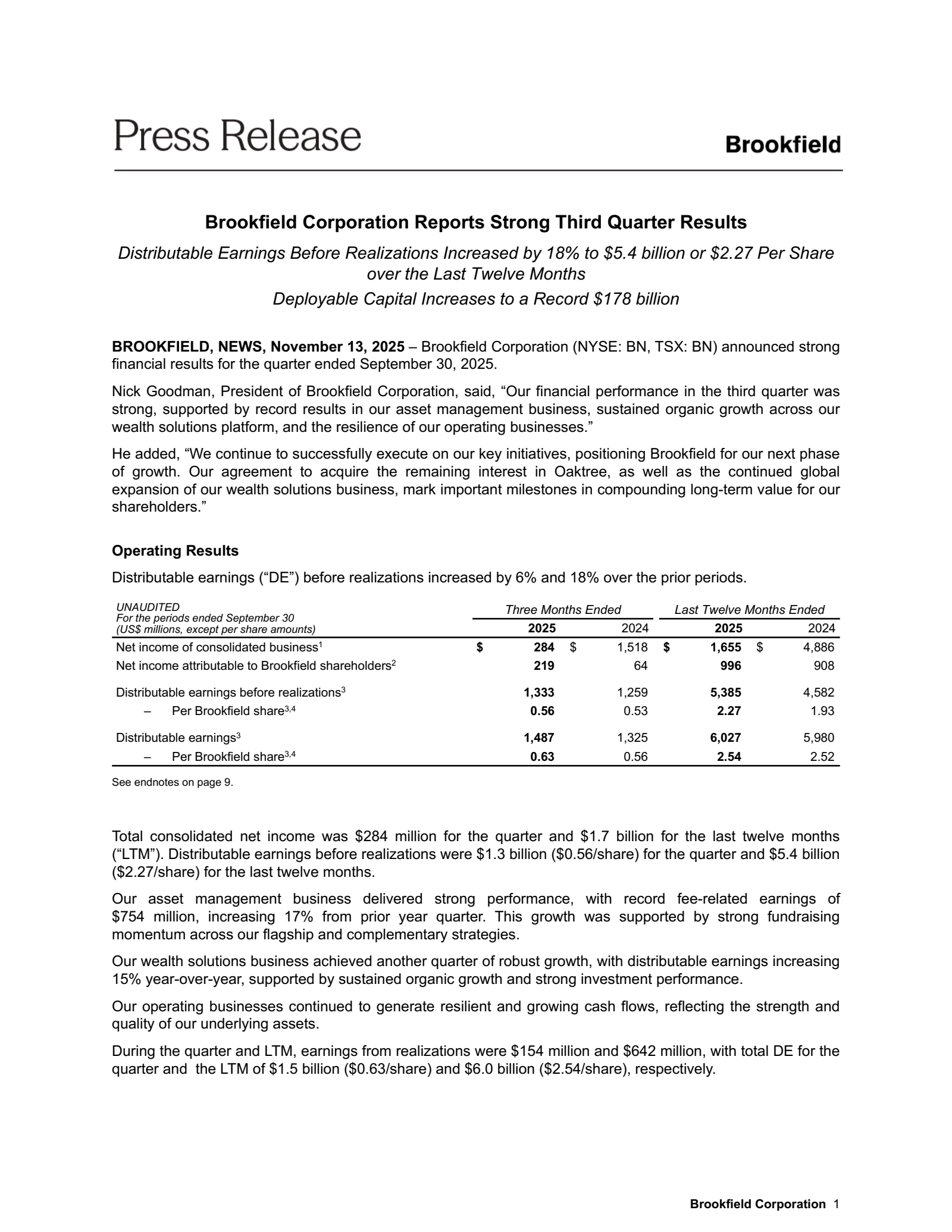 Brookfield's Q3 2025 Earnings Release