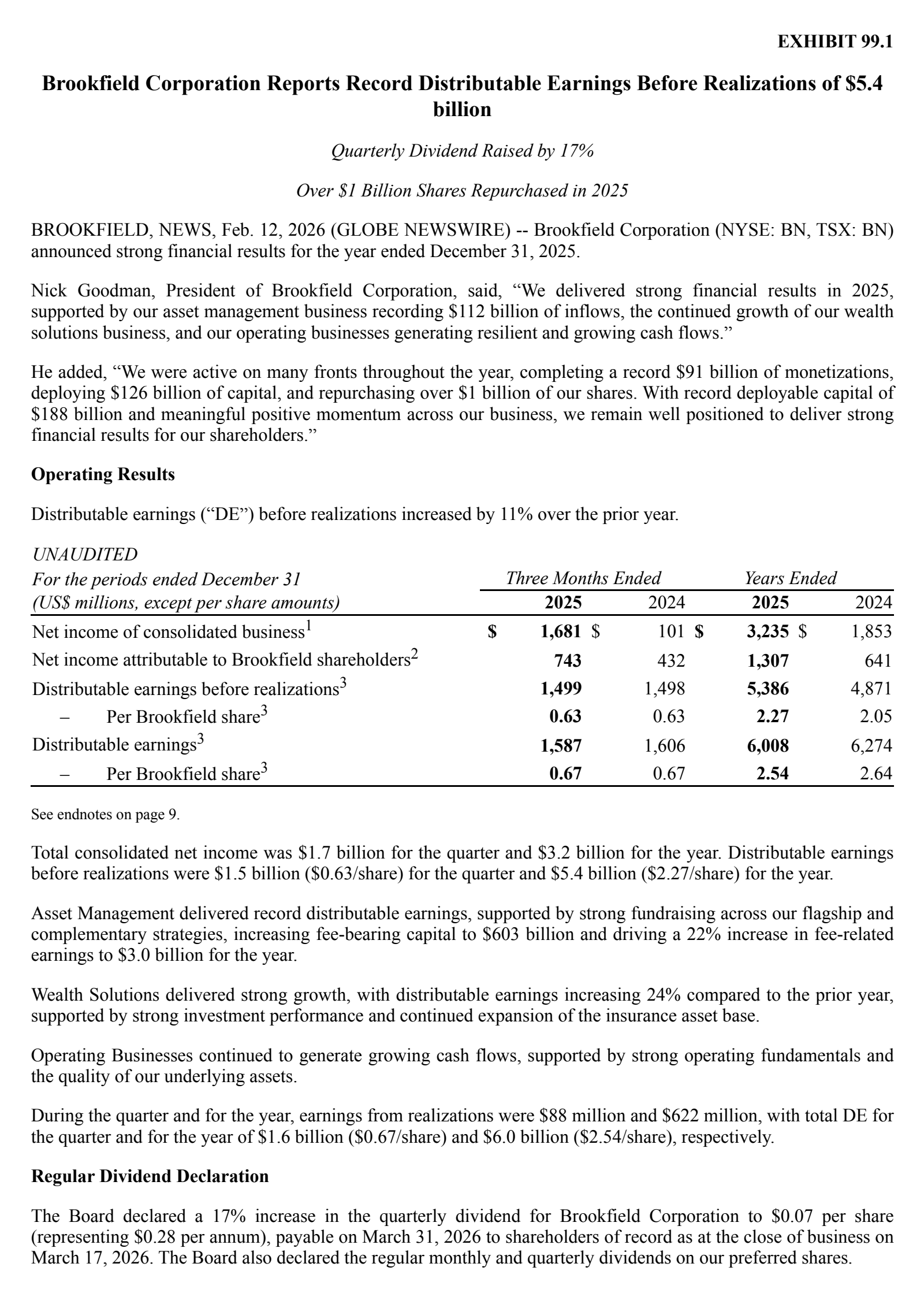 Brookfield's Q4 2025 Press Release