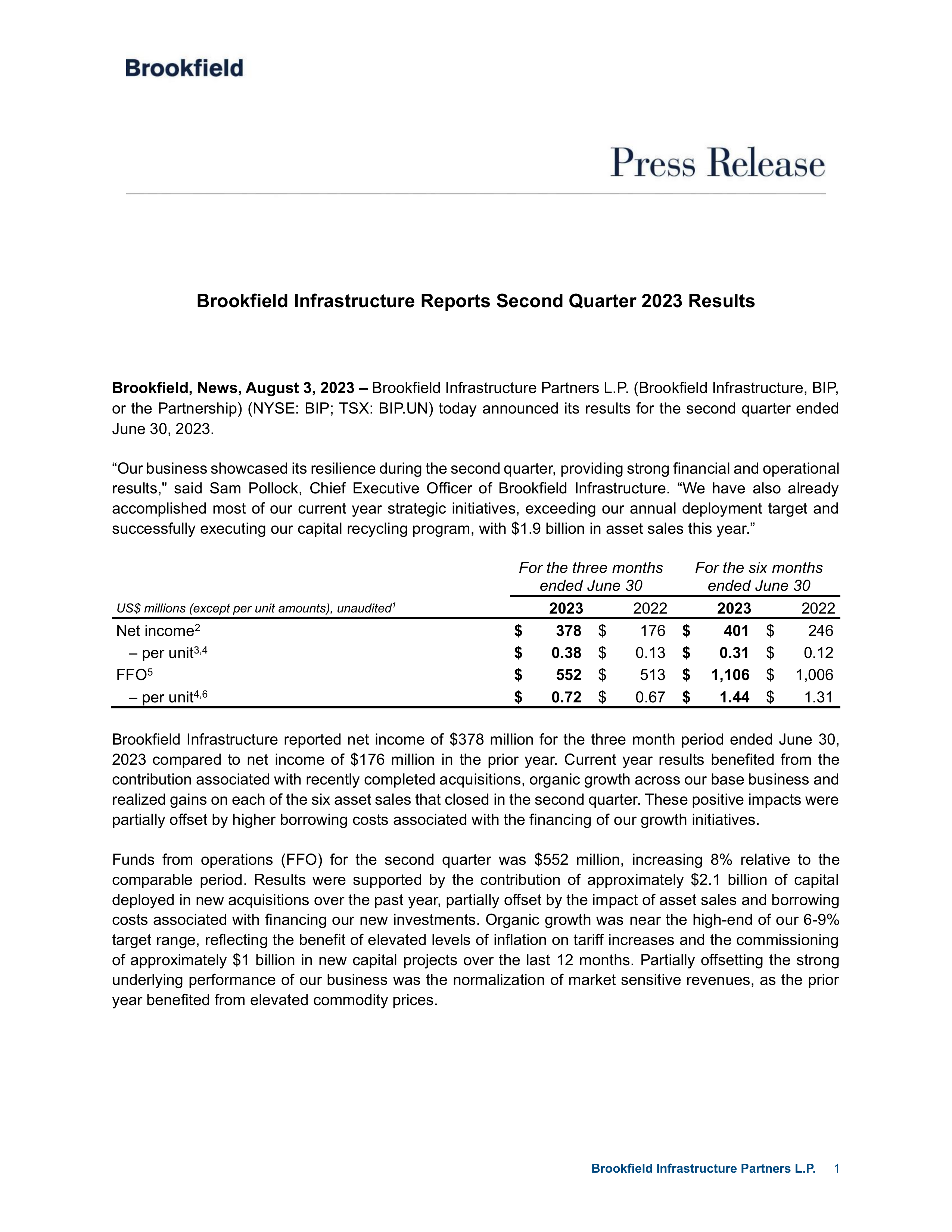 Brookfield Infrastructure Partners' Q2 2023 Press Release