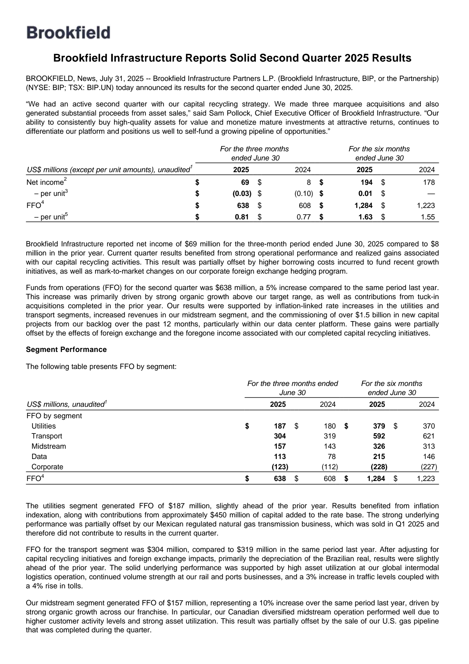 Brookfield Infrastructure Partners' Q2 2025 Press Release