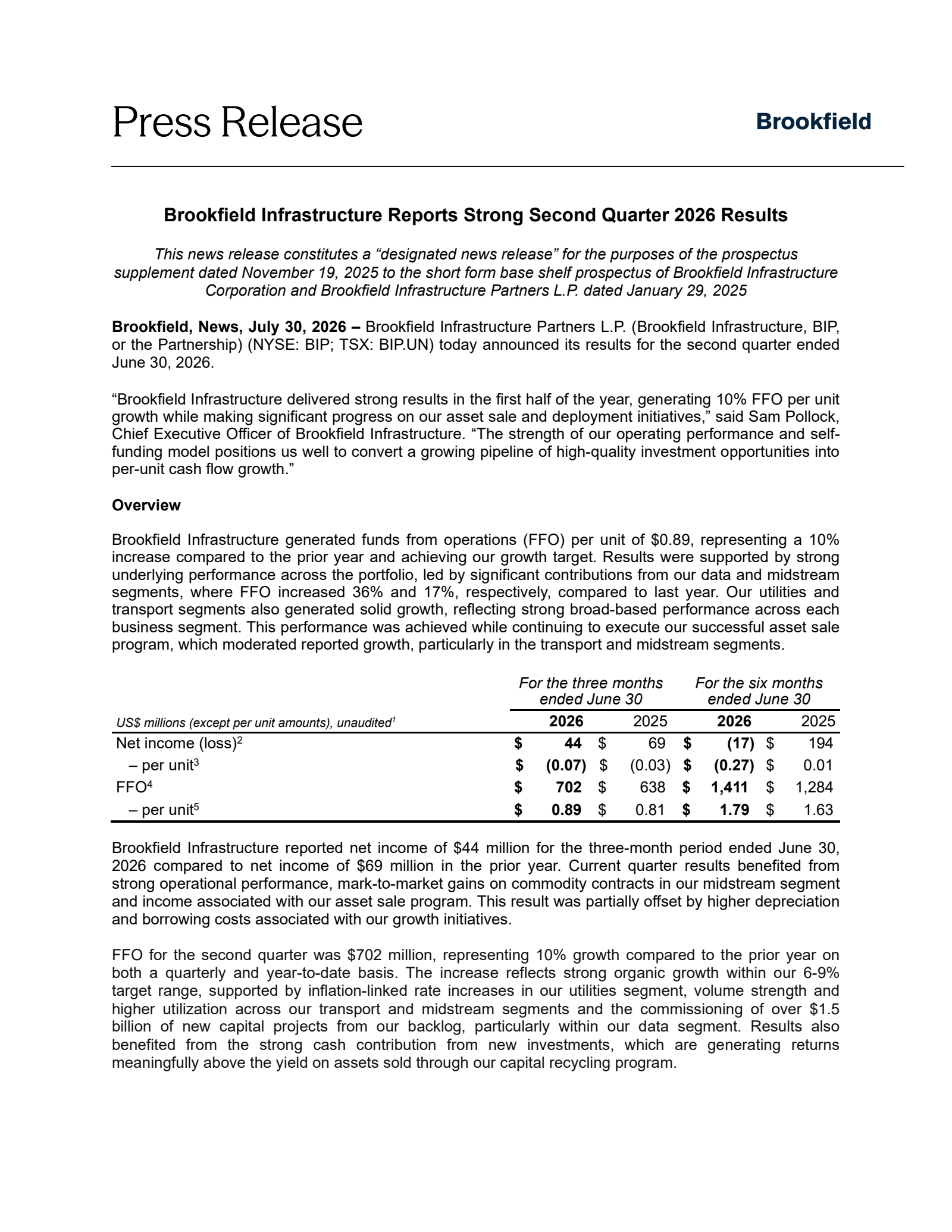 Brookfield Infrastructure Partners' Q2 2026 Press Release