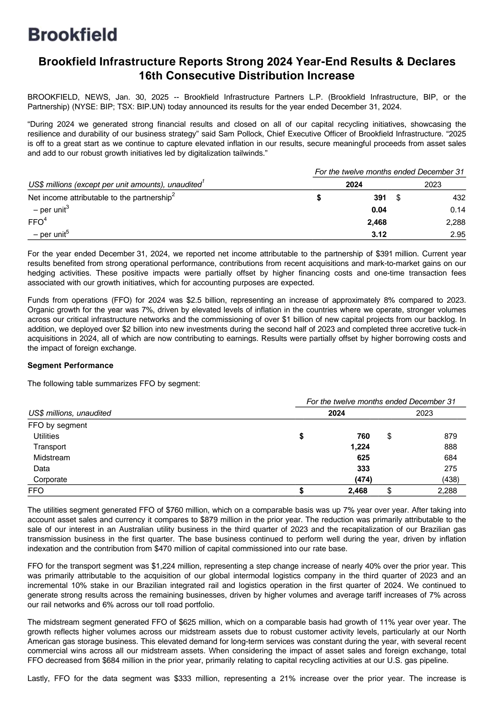 Brookfield Infrastructure Partners' Q4 2024 Press Release