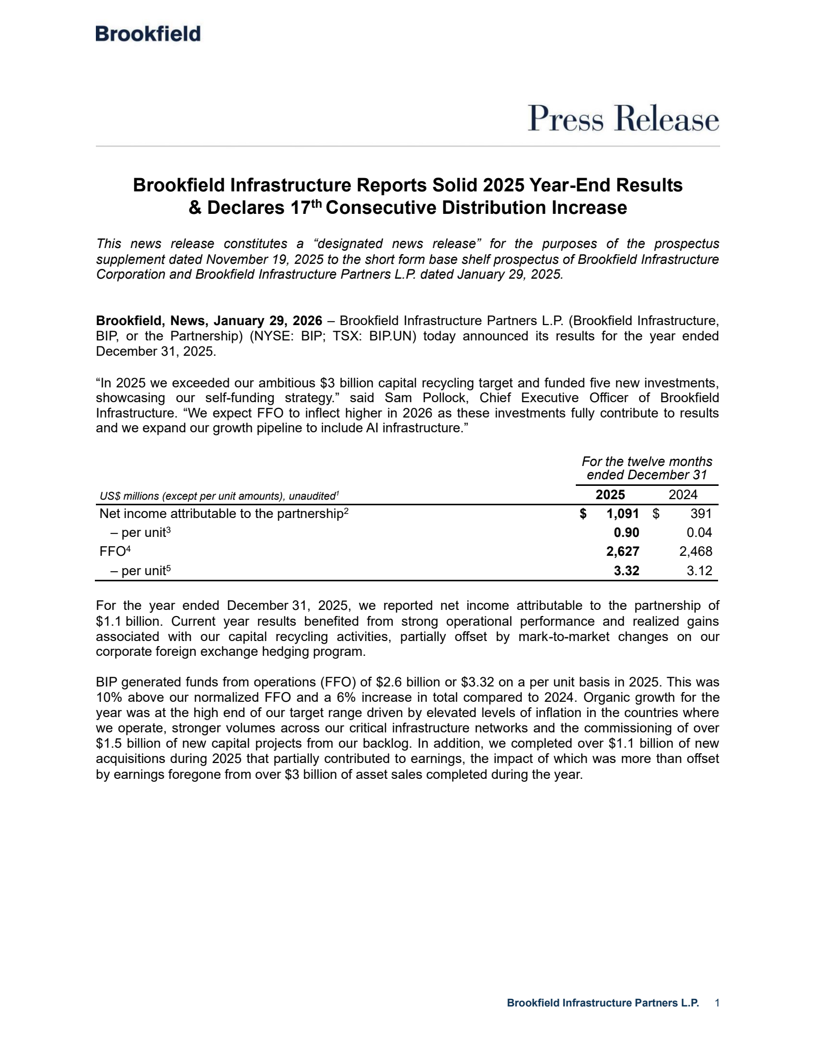 Brookfield Infrastructure Partners' Q4 2025 Press Release
