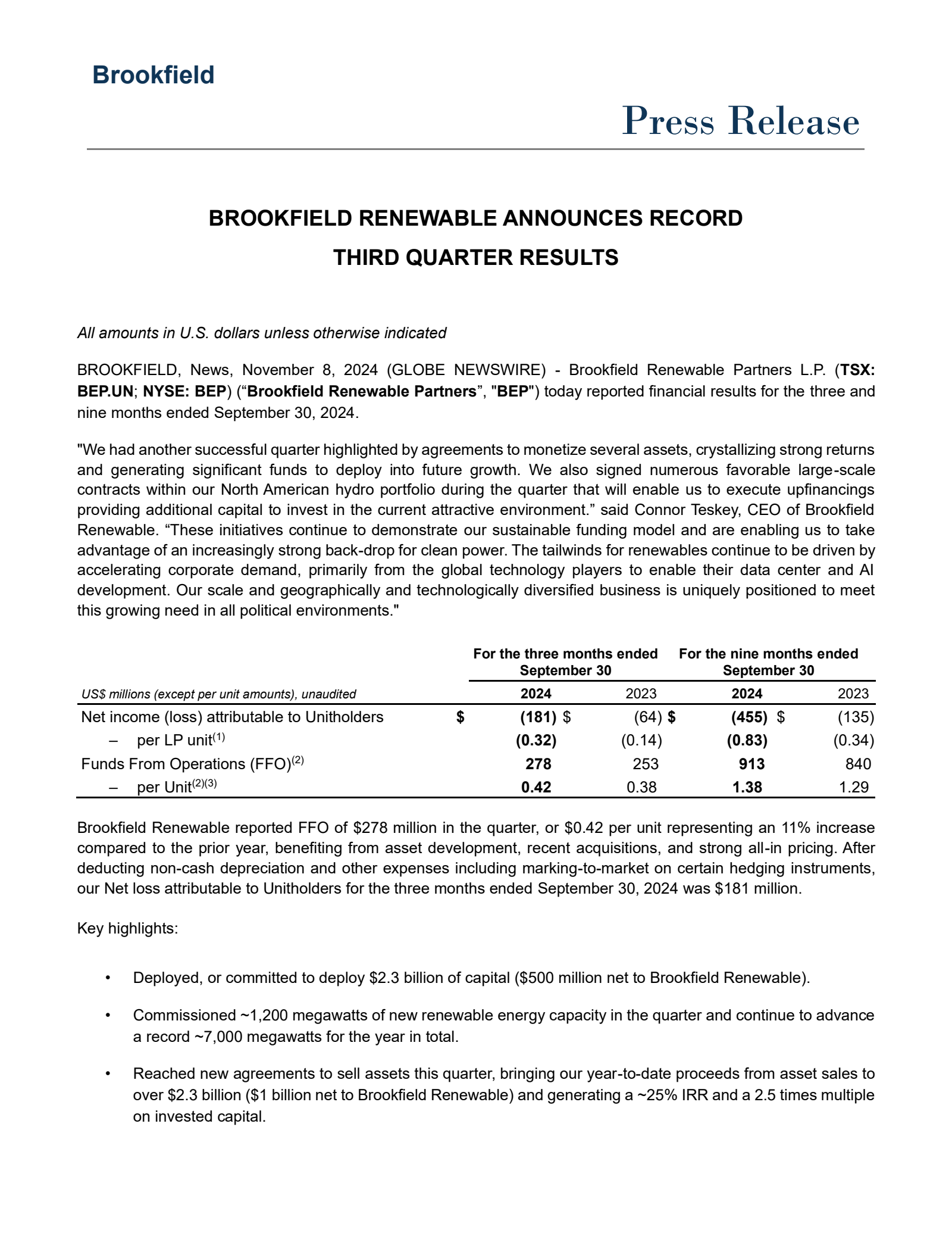 Brookfield Renewable's Q3 2024 Press Release