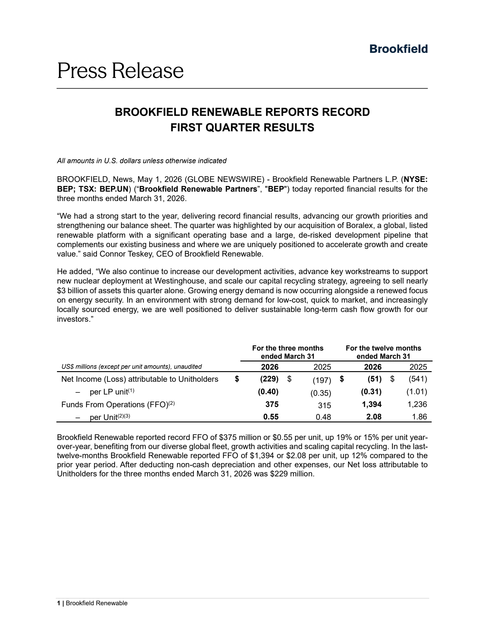 Brookfield Renewable Partners' Q1 2026 Press Release