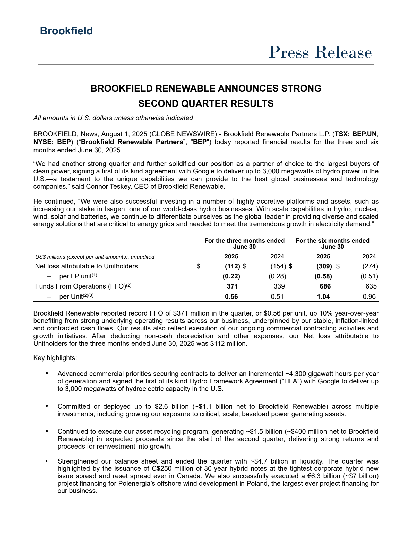 Brookfield Renewable Partners' Q2 2025 Press Release