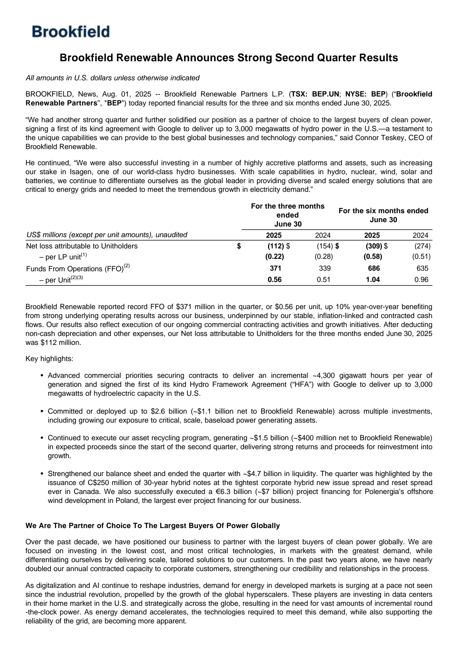 Brookfield Renewable Partners' Q2 2025 Press Release