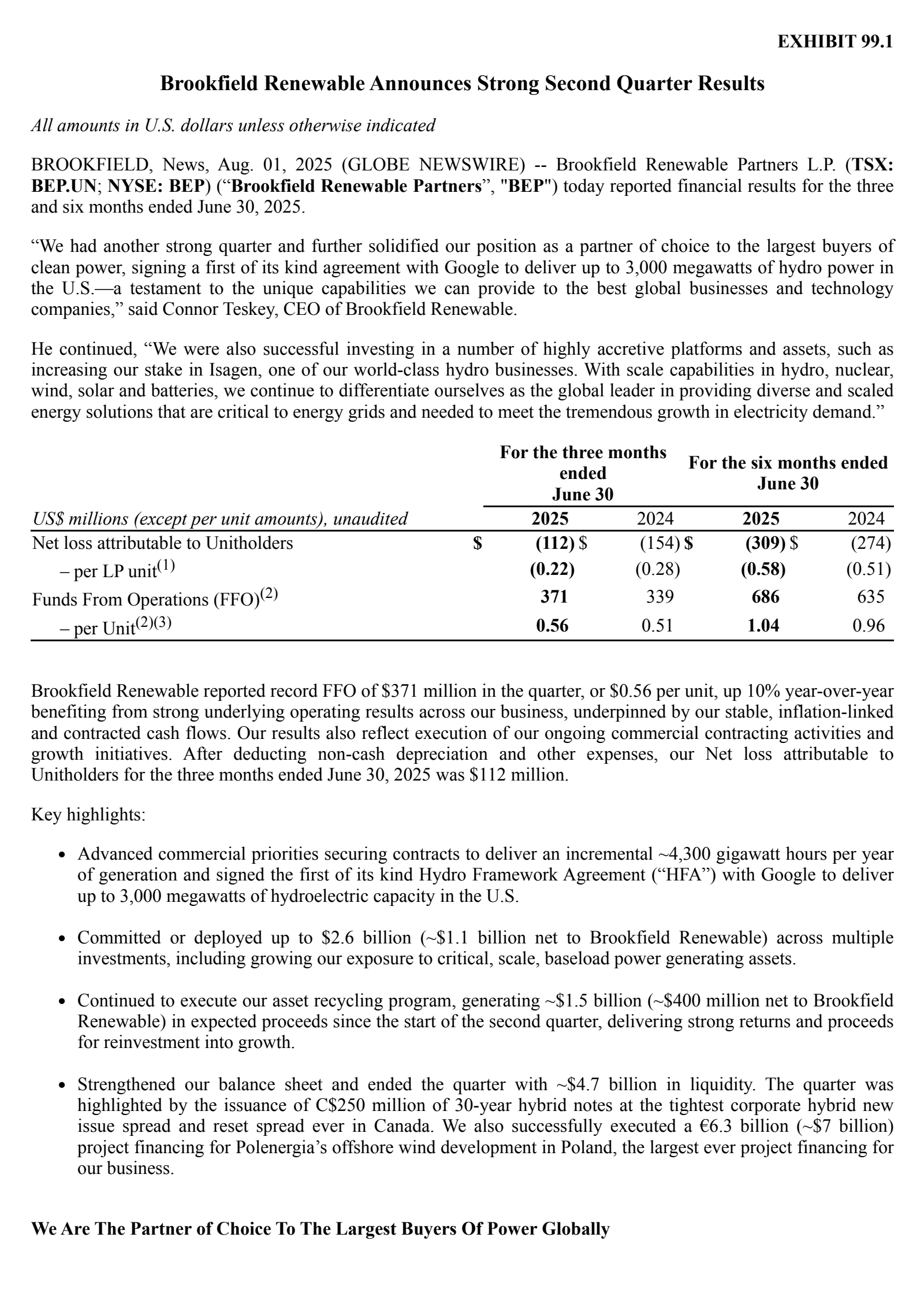 Brookfield Renewable Partners' Q2 2025 Press Release