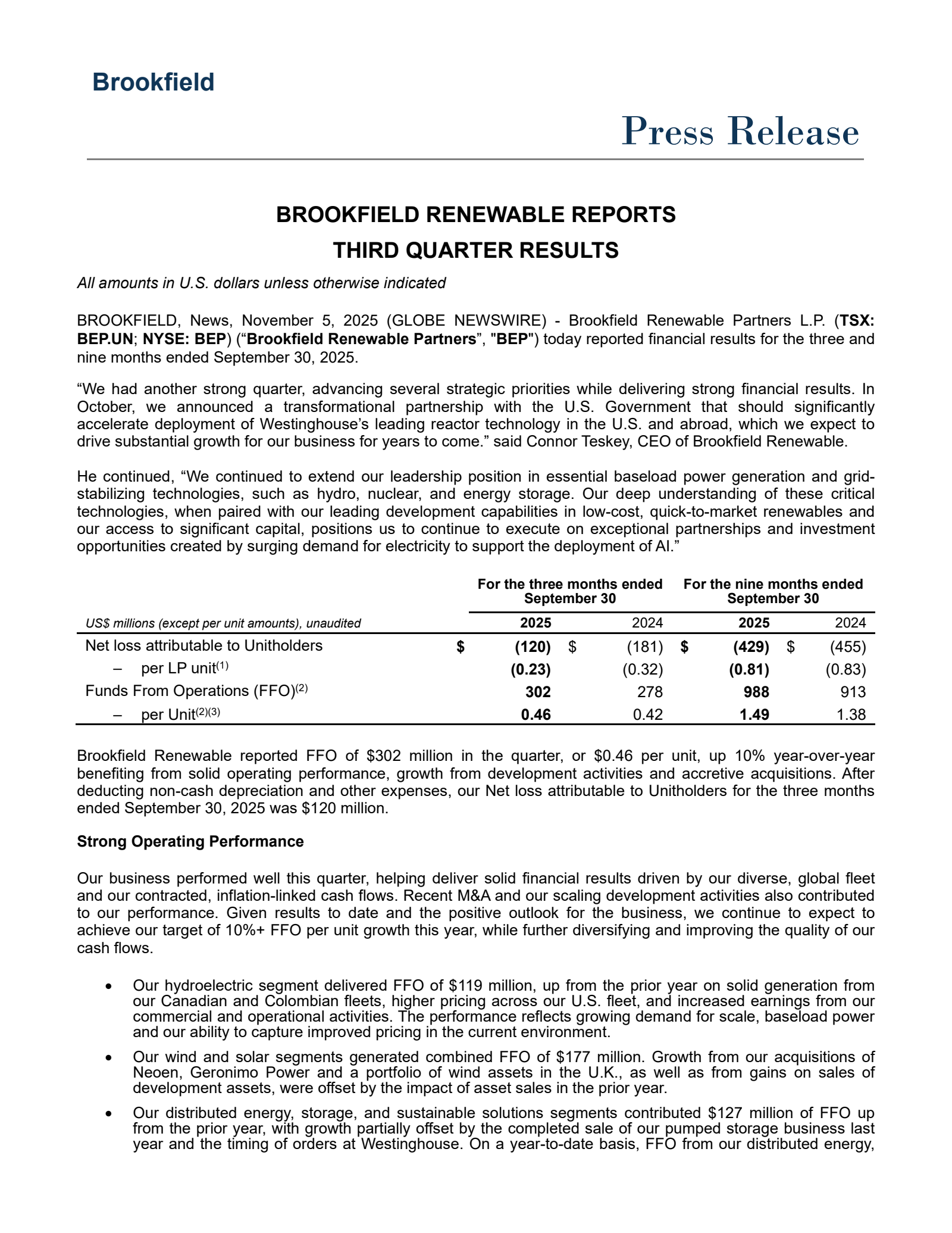 Brookfield Renewable Partners' Q3 2025 Earnings Release