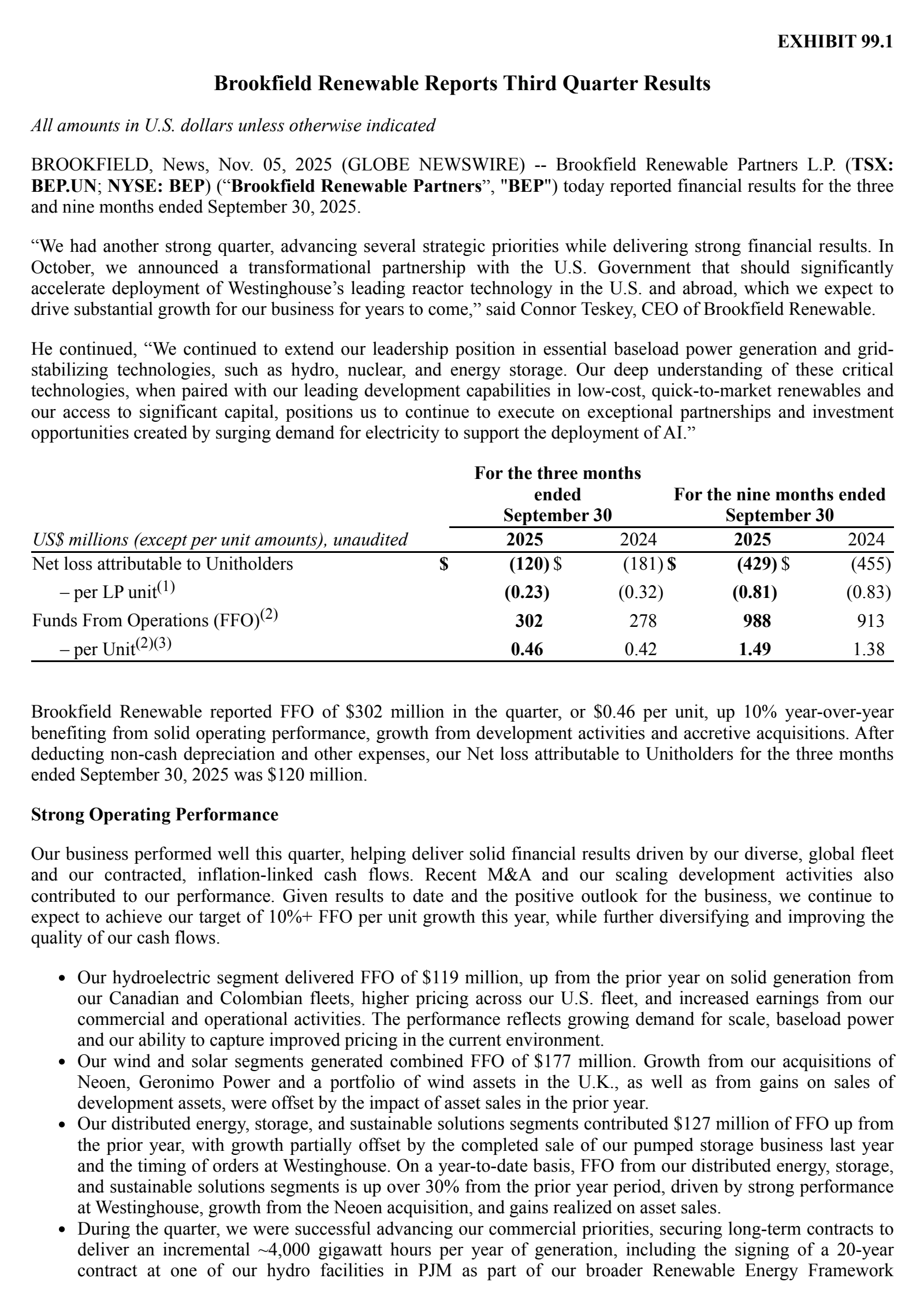 Brookfield Renewable Partners' Q3 2025 Earnings Release