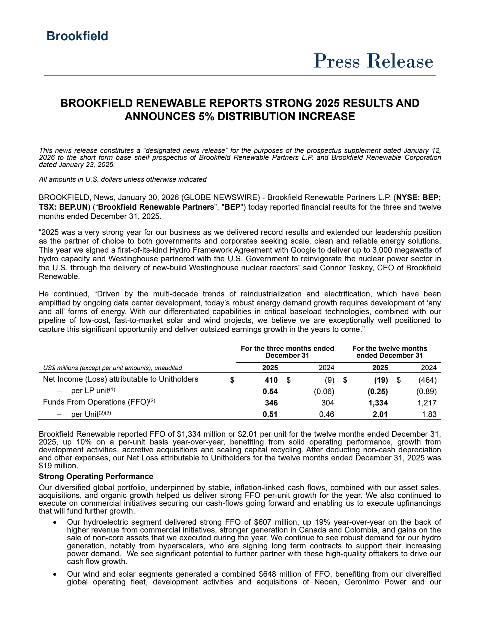 Brookfield Renewable Partners' Q4 2025 Press Release