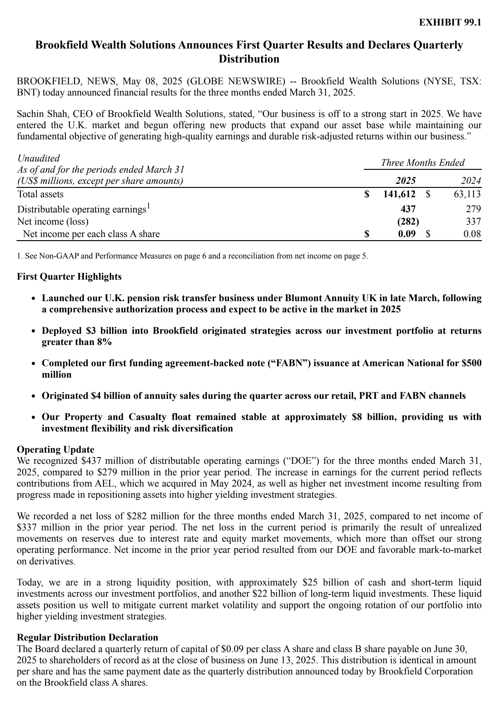 Brookfield Wealth Solutions' Q1 2025 Press Release