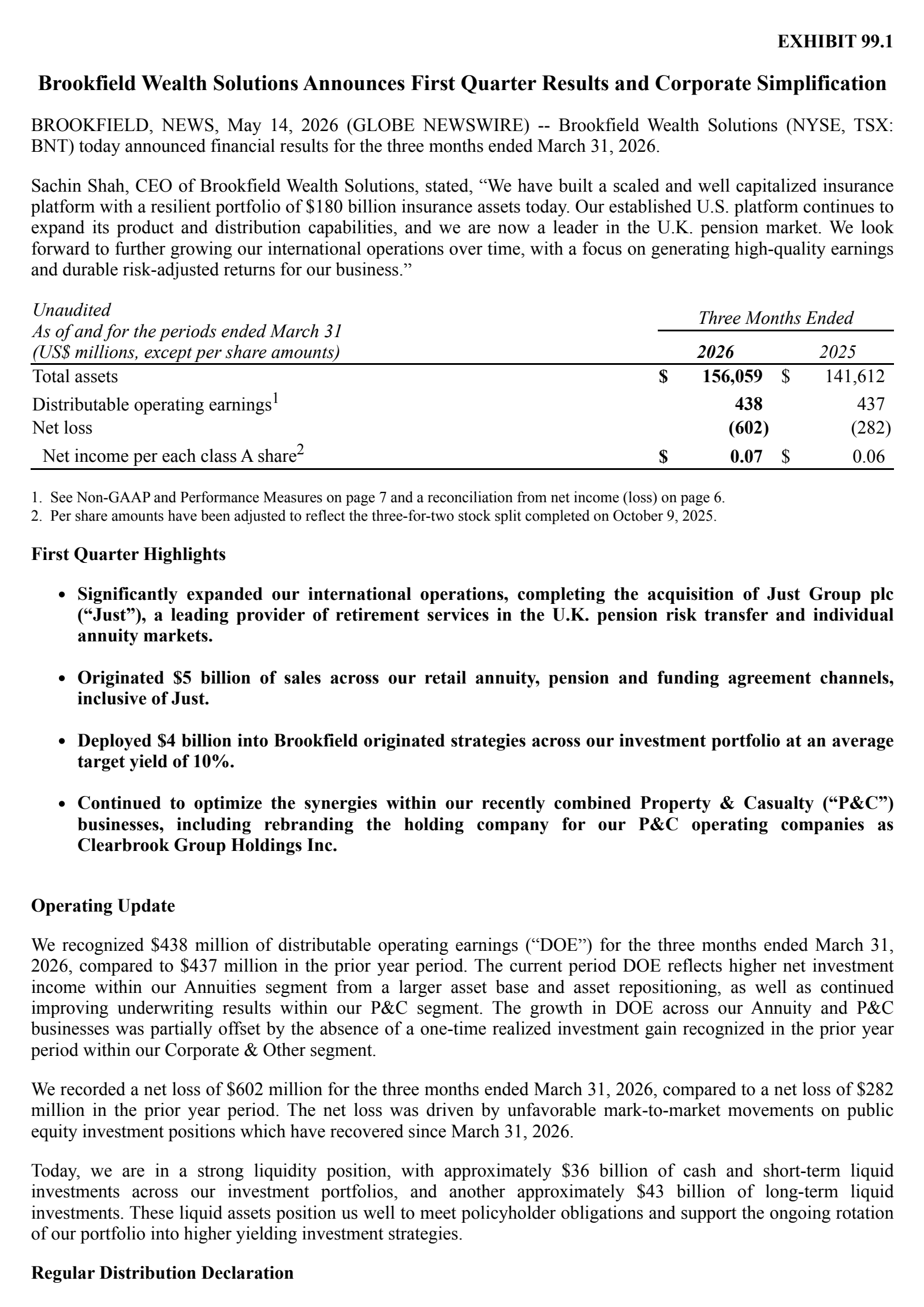 Brookfield Wealth Solutions' Q1 2026 Press Release