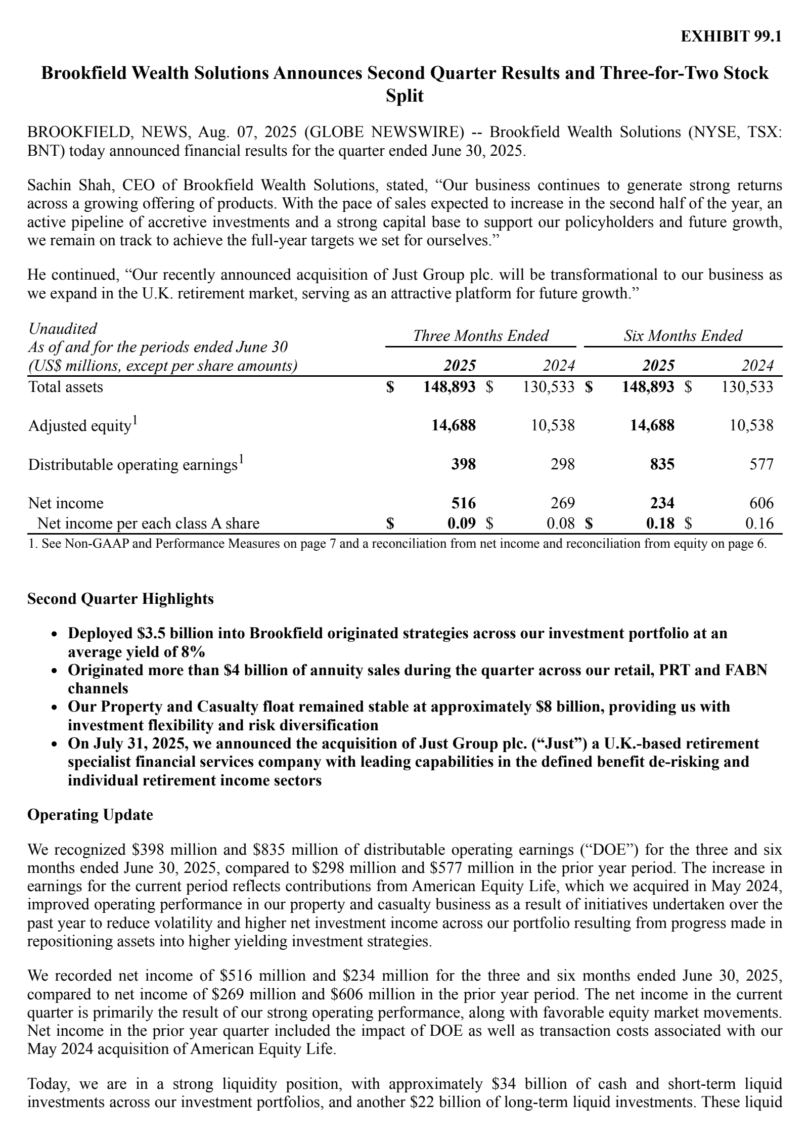 Brookfield Wealth Solutions' Q2 2025 Press Release