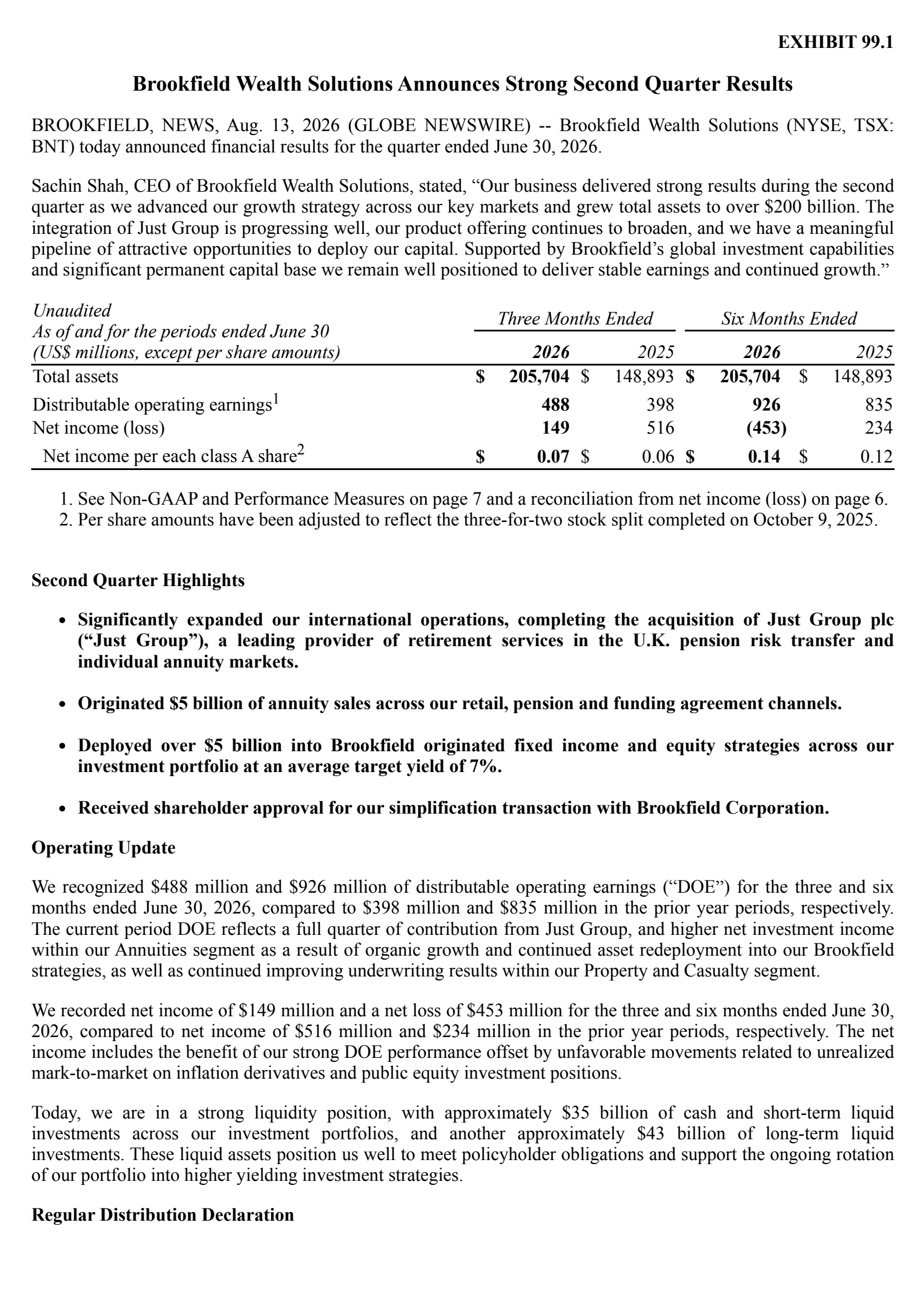Brookfield Wealth Solutions' Q2 2026 Press Release