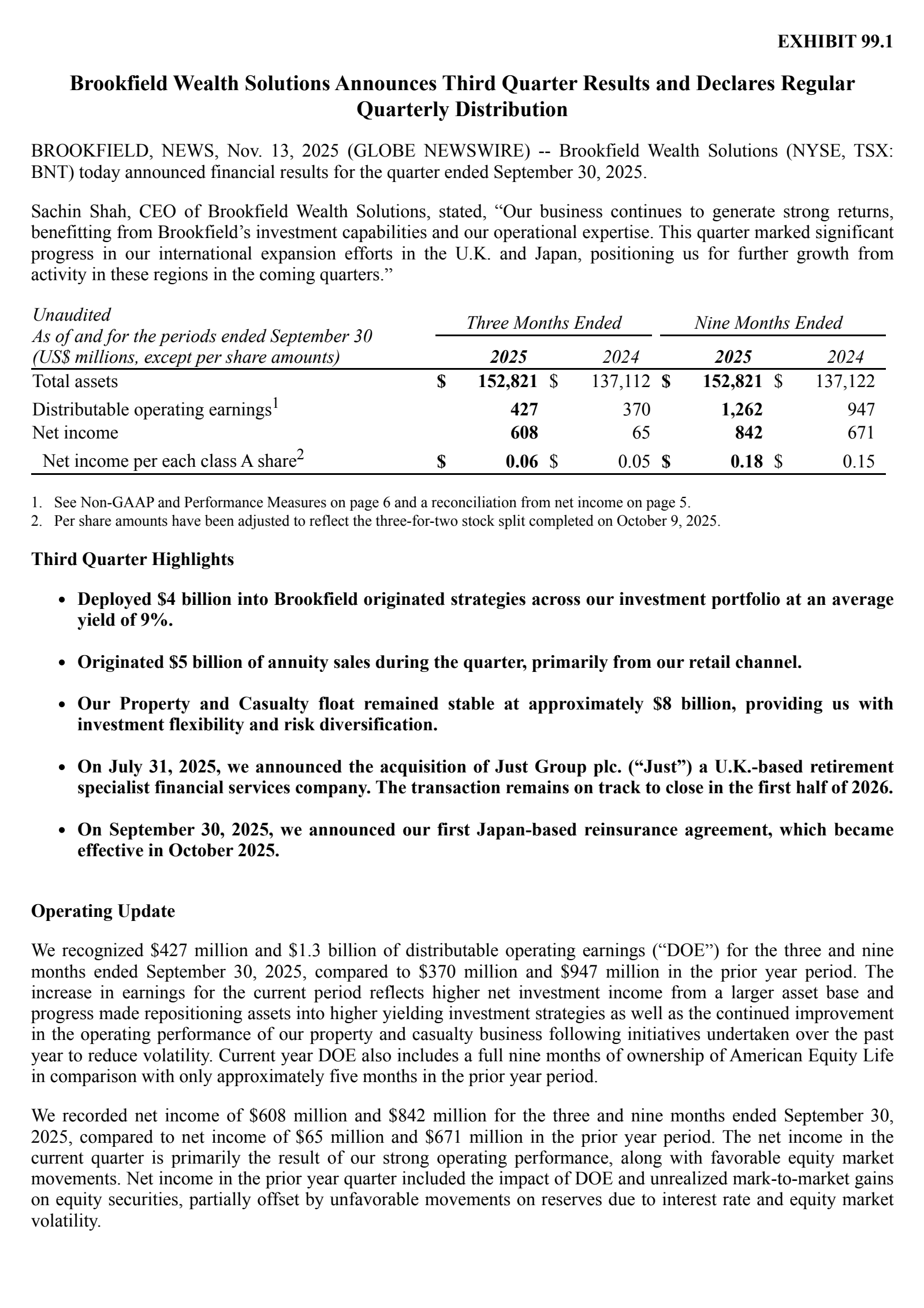 Brookfield Wealth Solutions' Q3 2025 Earnings Release