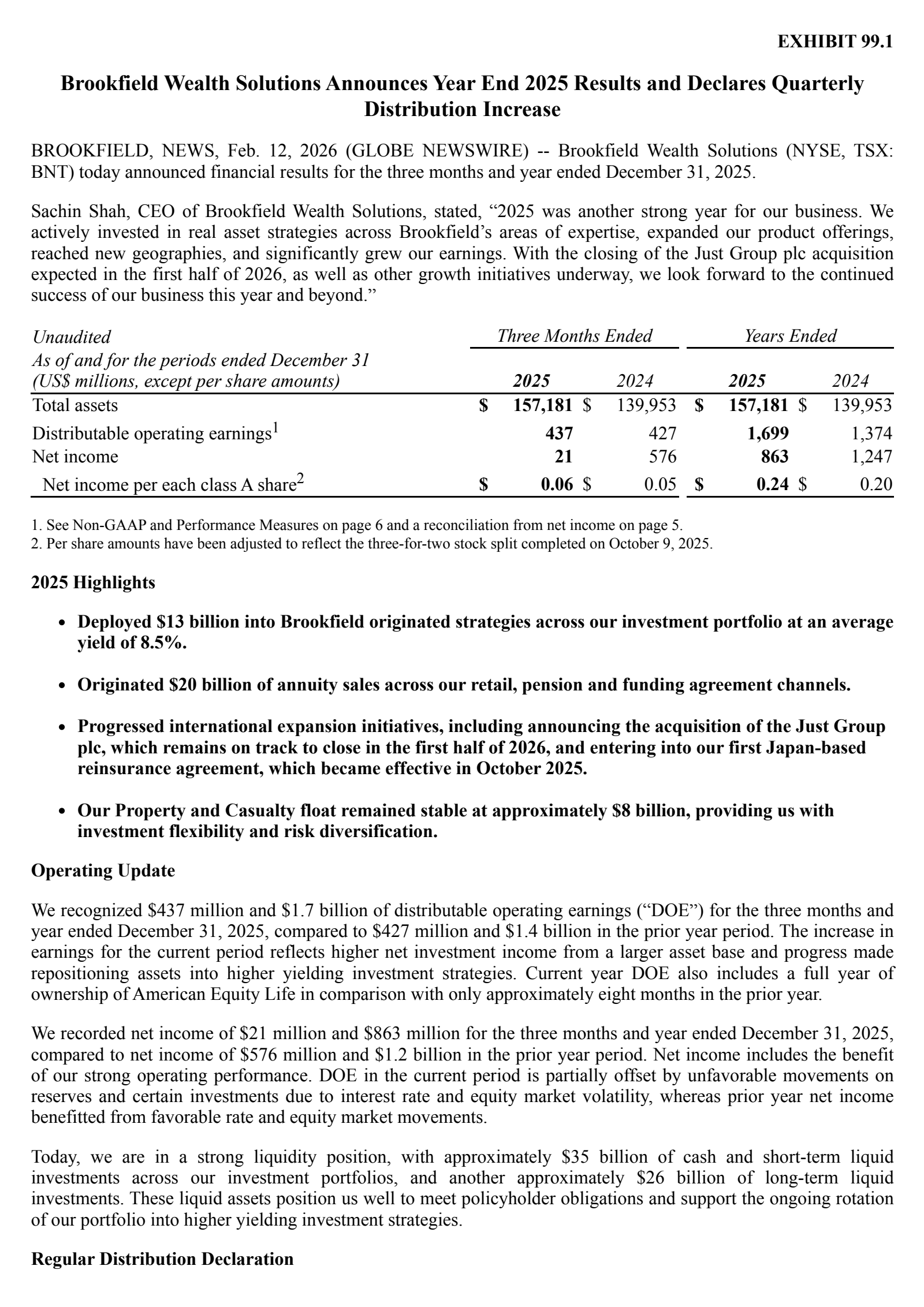 Brookfield Wealth Solutions' Q4 2025 Press Release