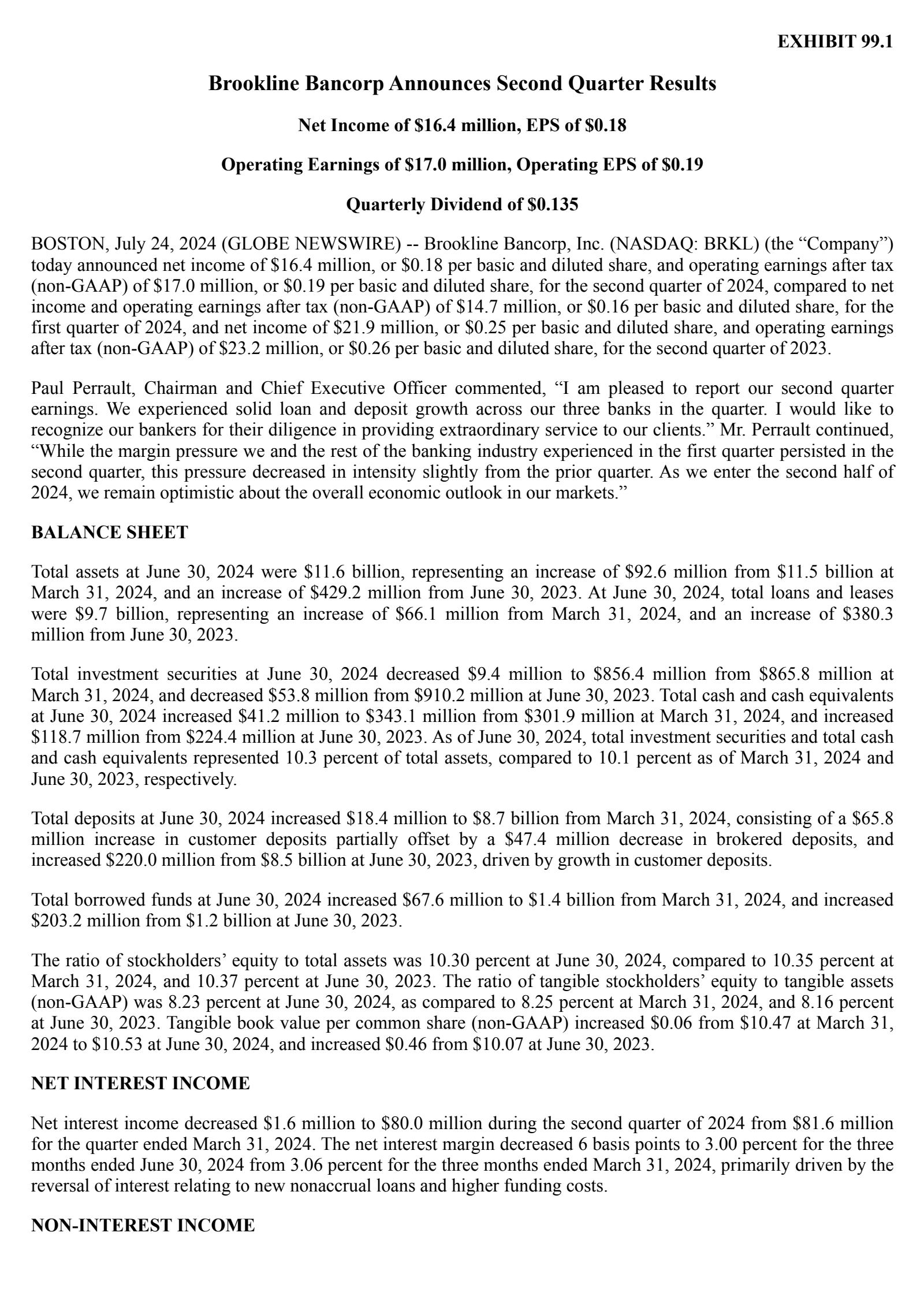 Brookline Bancorp's Q2 2024 Press Release