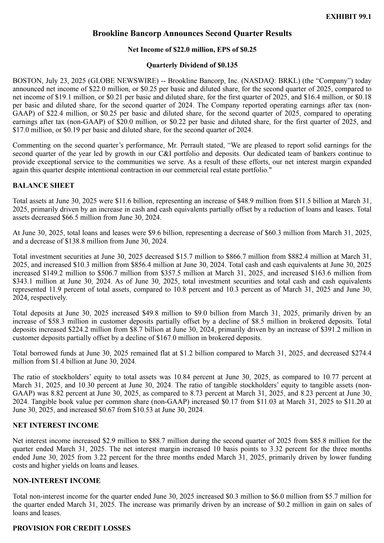 Brookline Bancorp's Q2 2025 Press Release