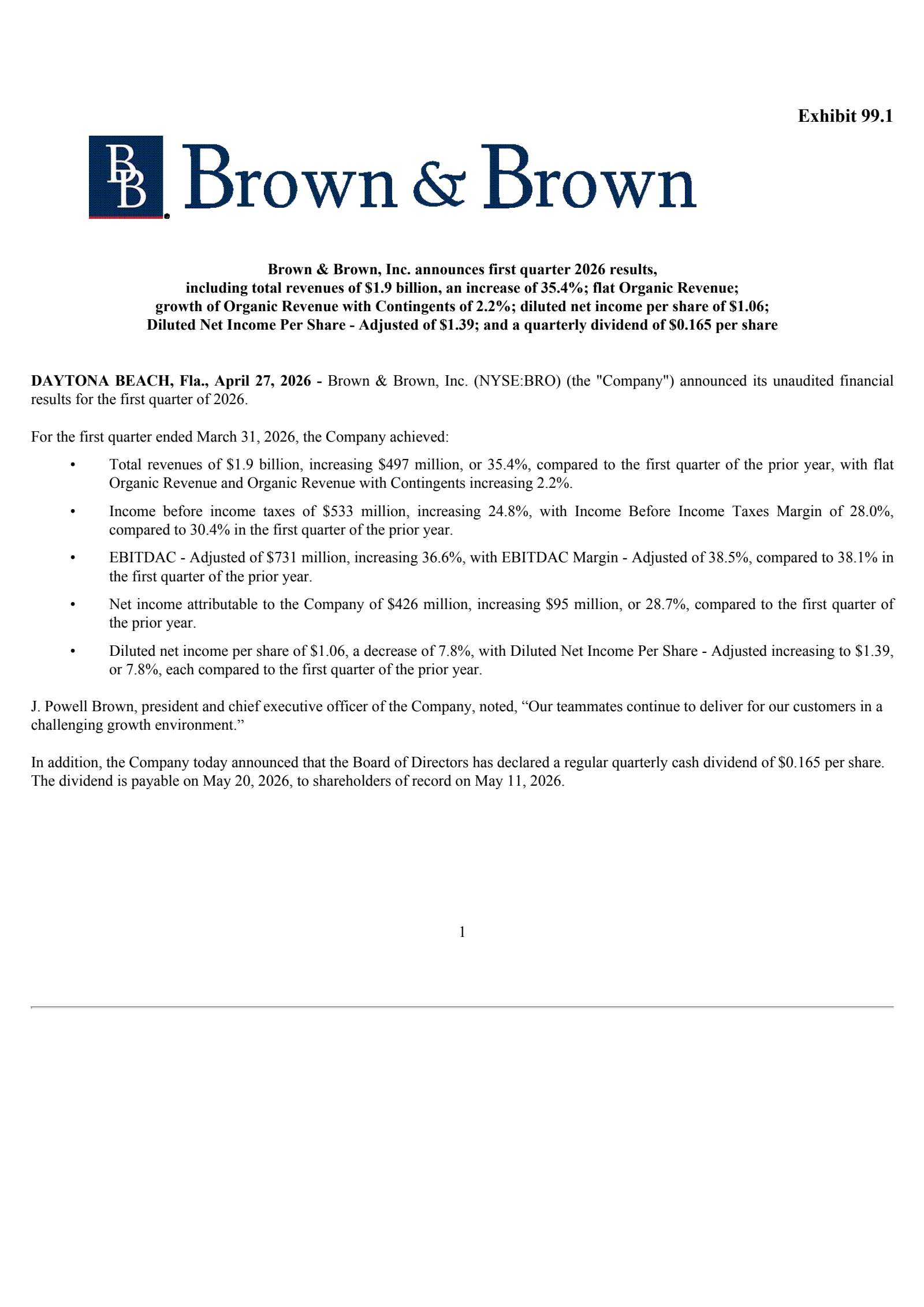 Brown & Brown's Q1 2026 Press Release
