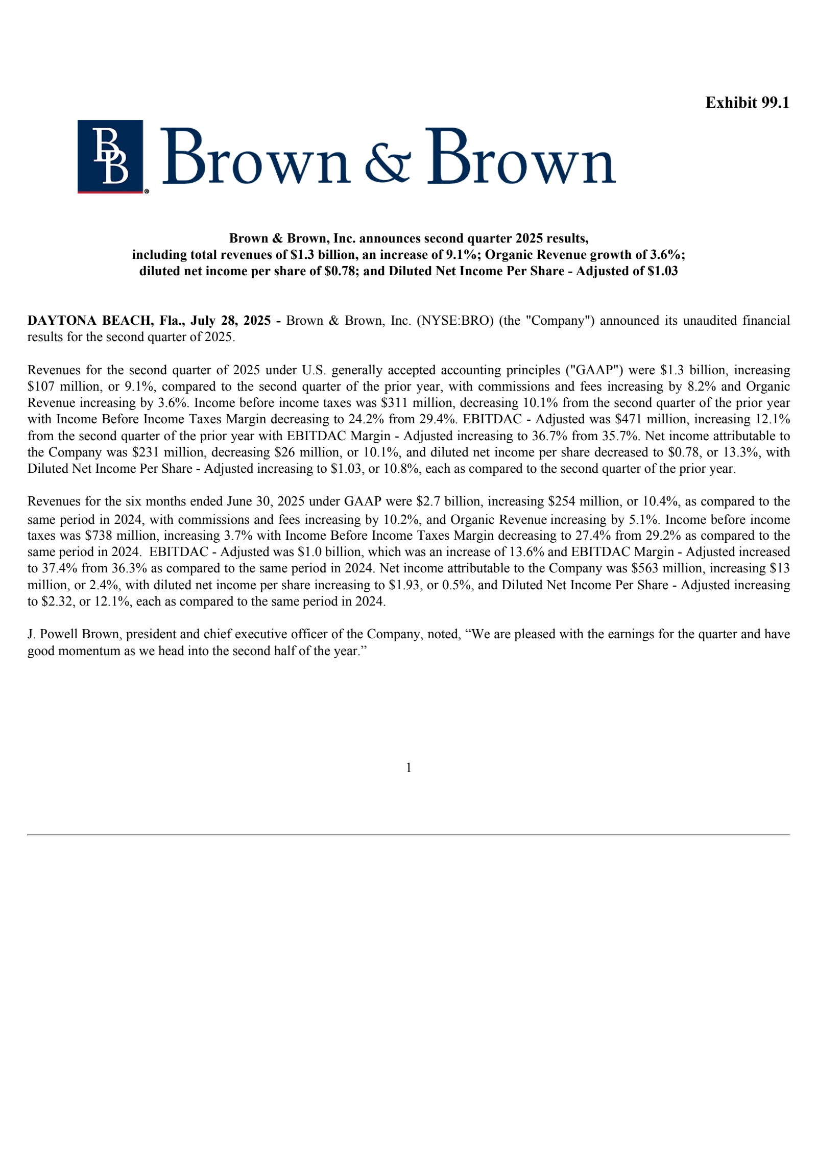 Brown & Brown's Q2 2025 Press Release