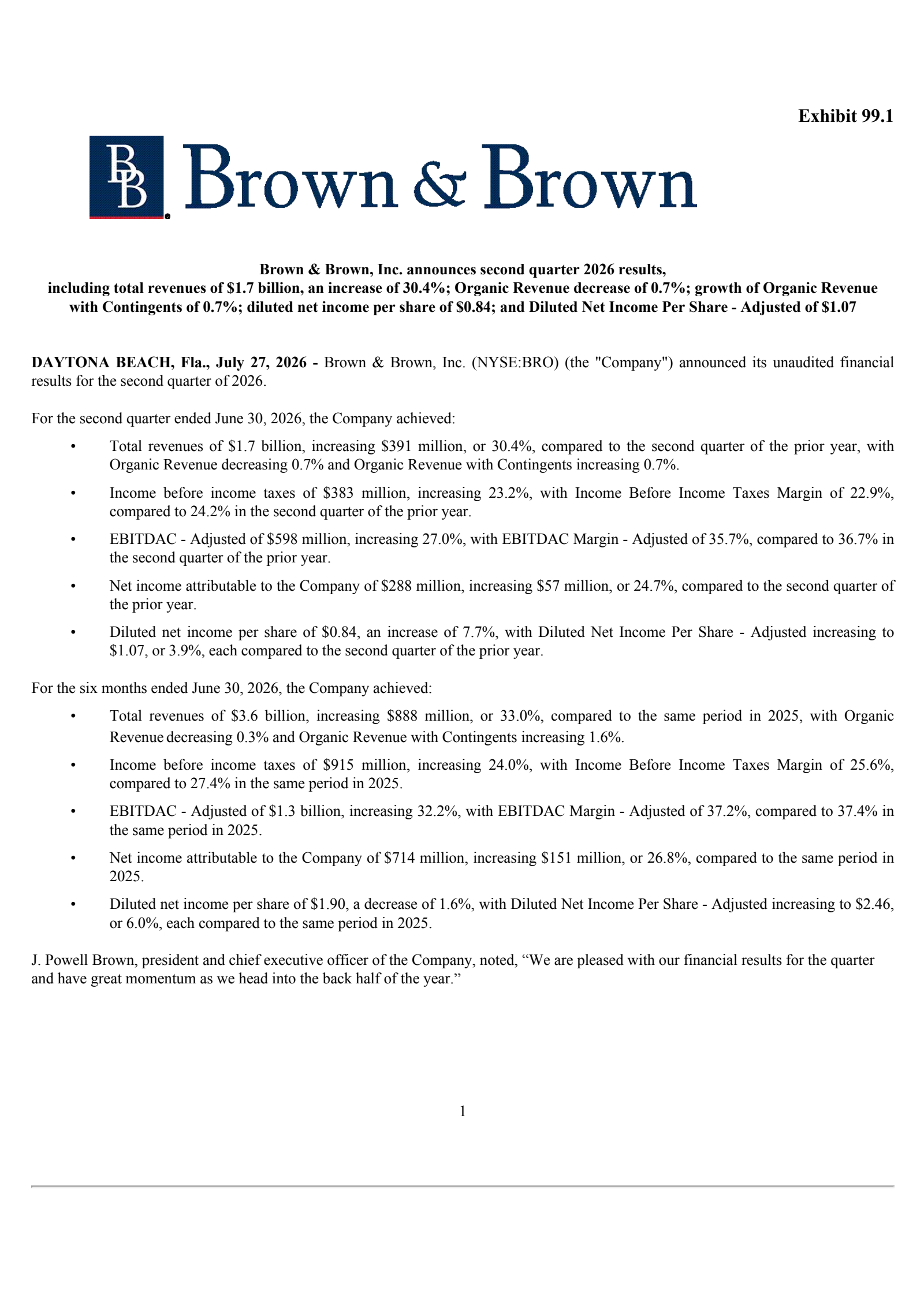 Brown & Brown's Q2 2026 Press Release