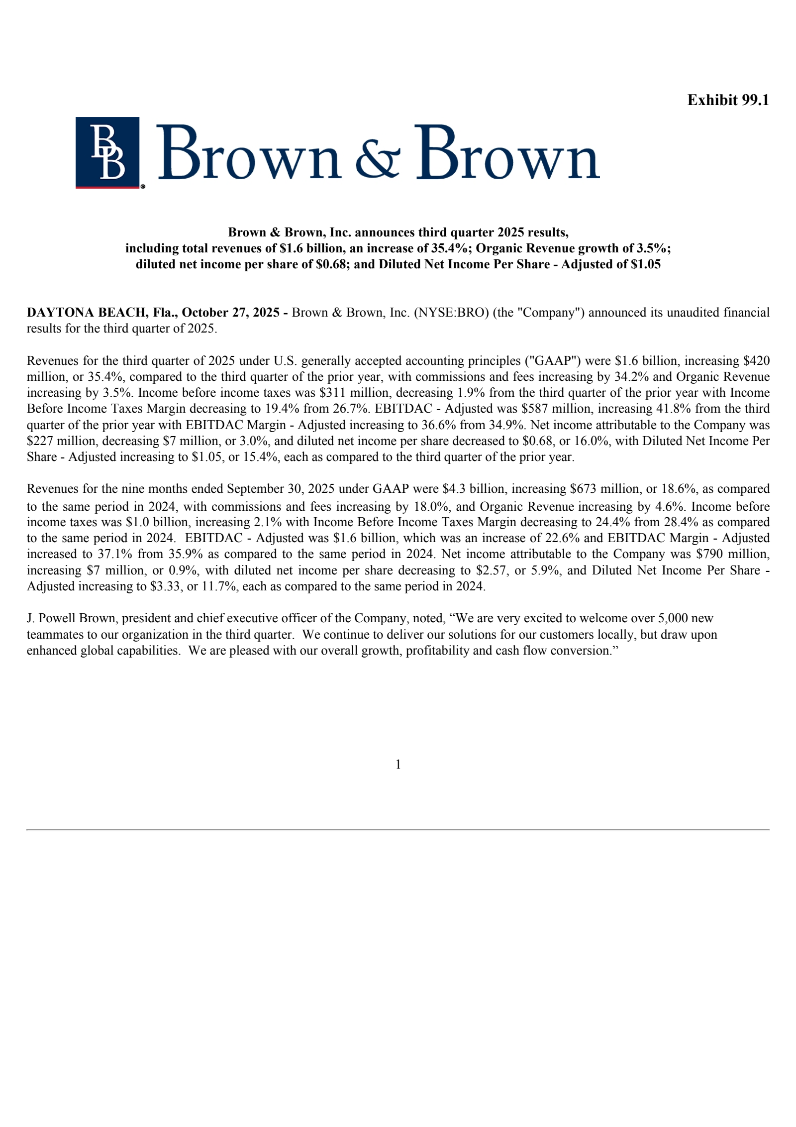 Brown & Brown's Q3 2025 Earnings Release