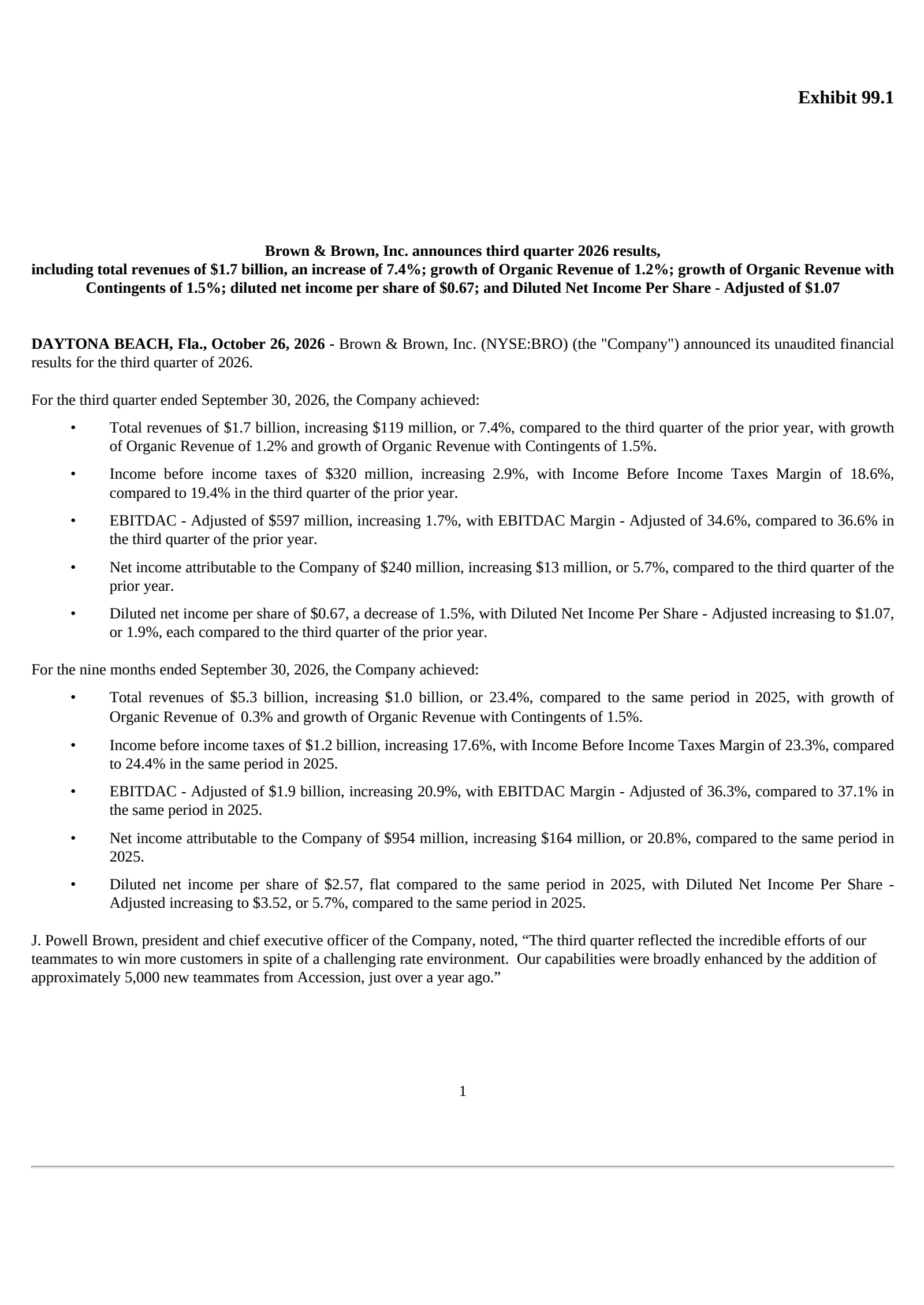 Brown & Brown's Q3 2026 Press Release