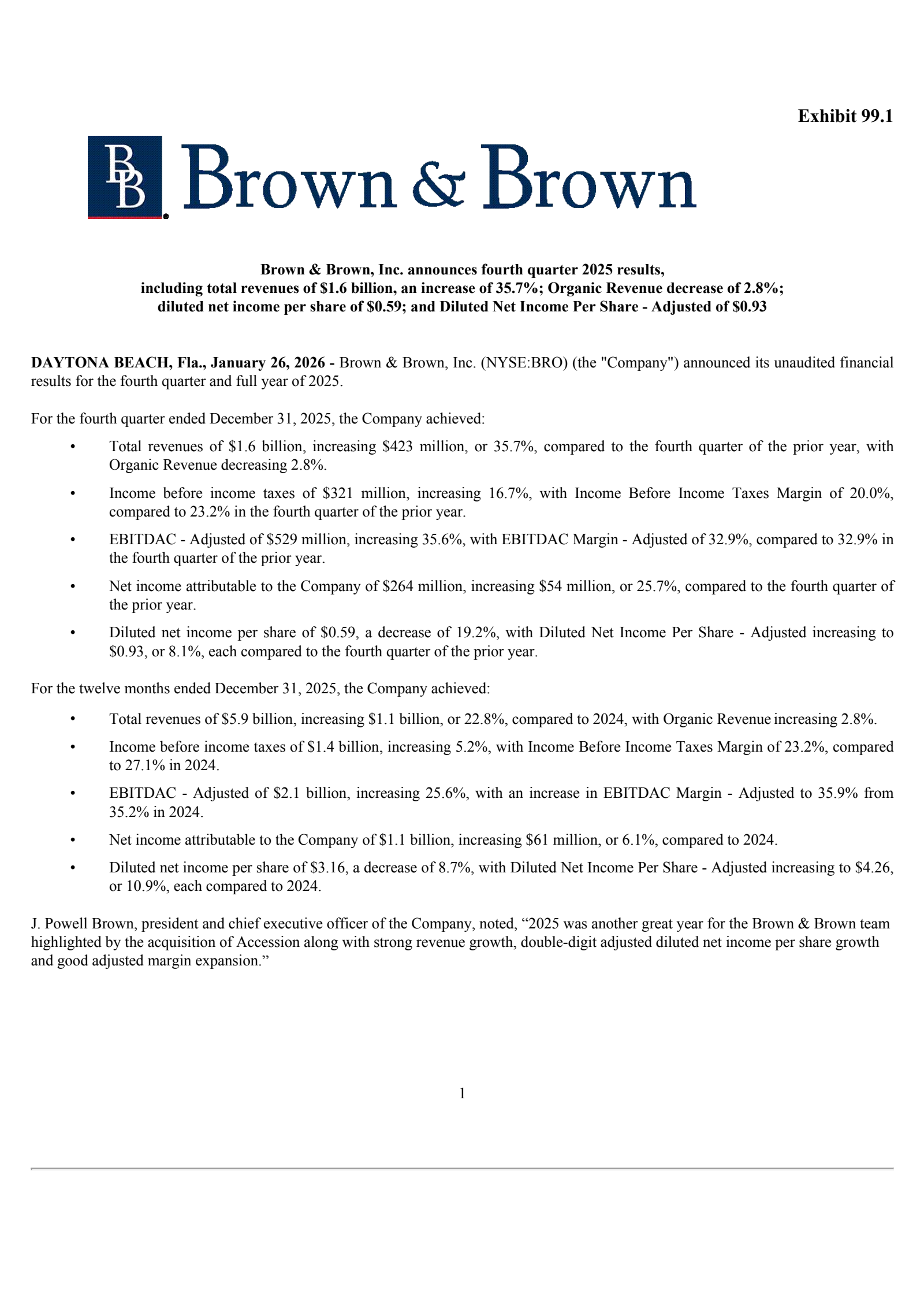 Brown & Brown's Q4 2025 Press Release