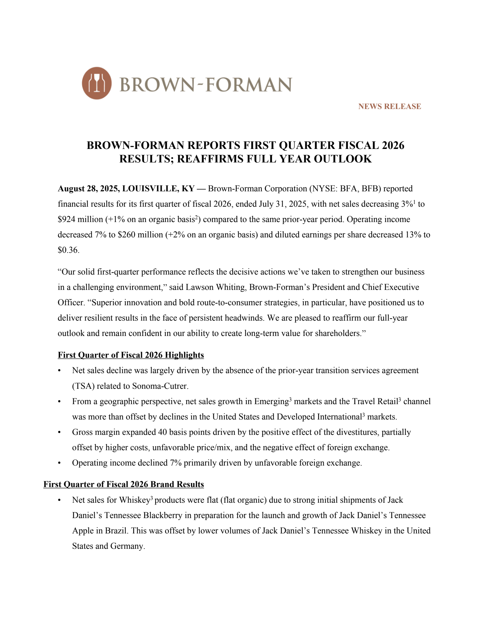 Brown Forman's Q1 2026 Press Release