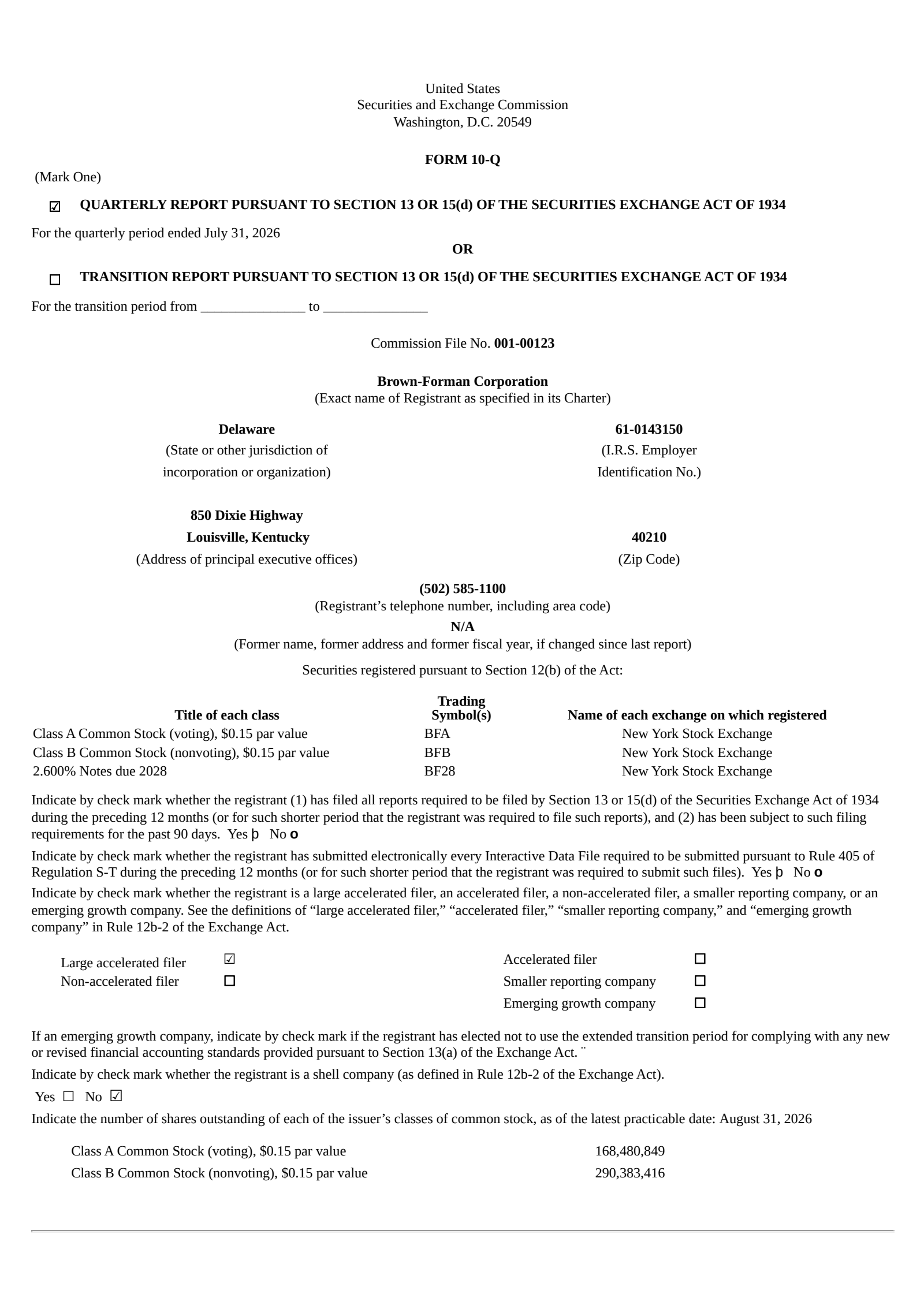Brown Forman's Q1 2027 Quarterly report