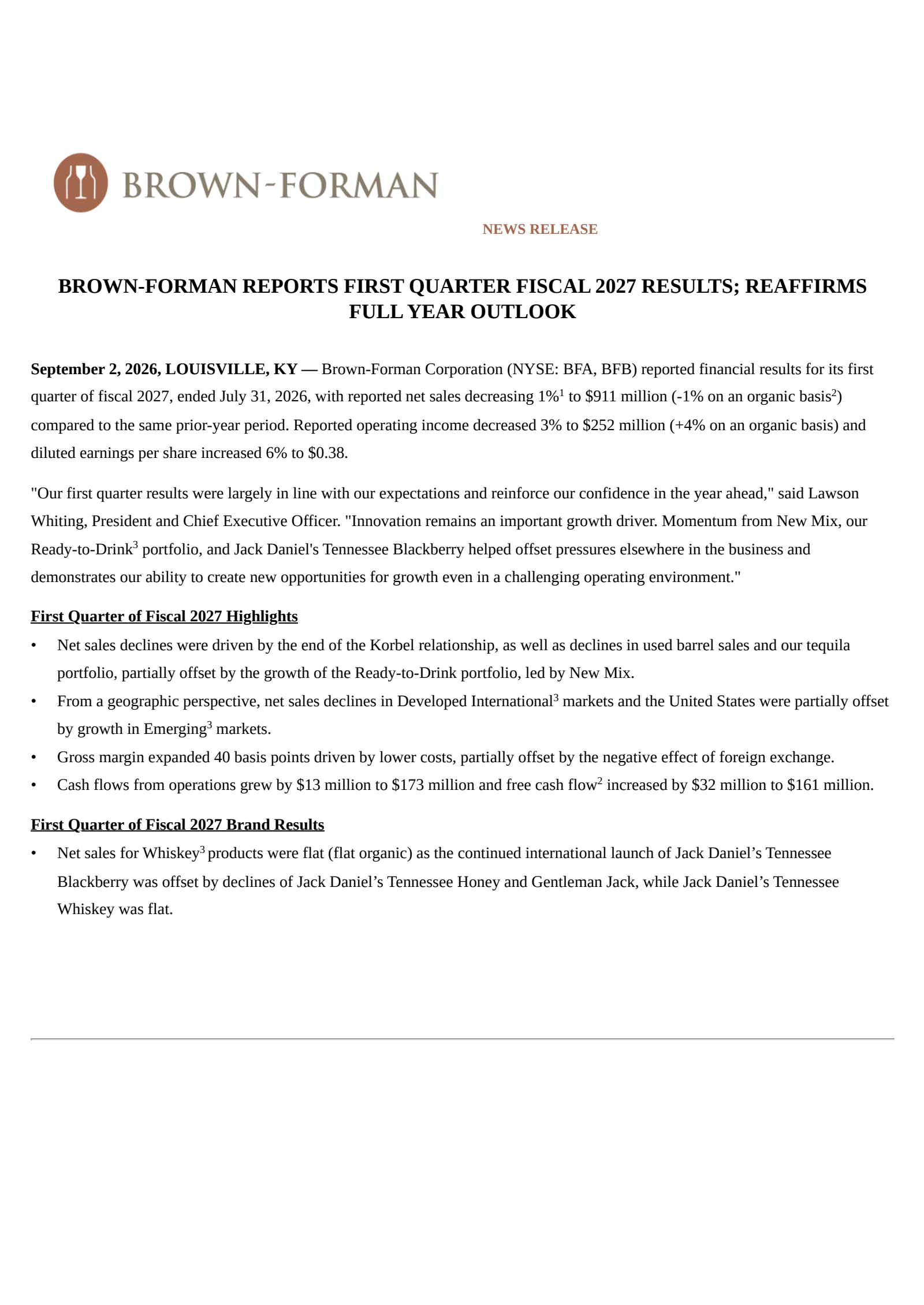 Brown Forman's Q1 2027 Press Release