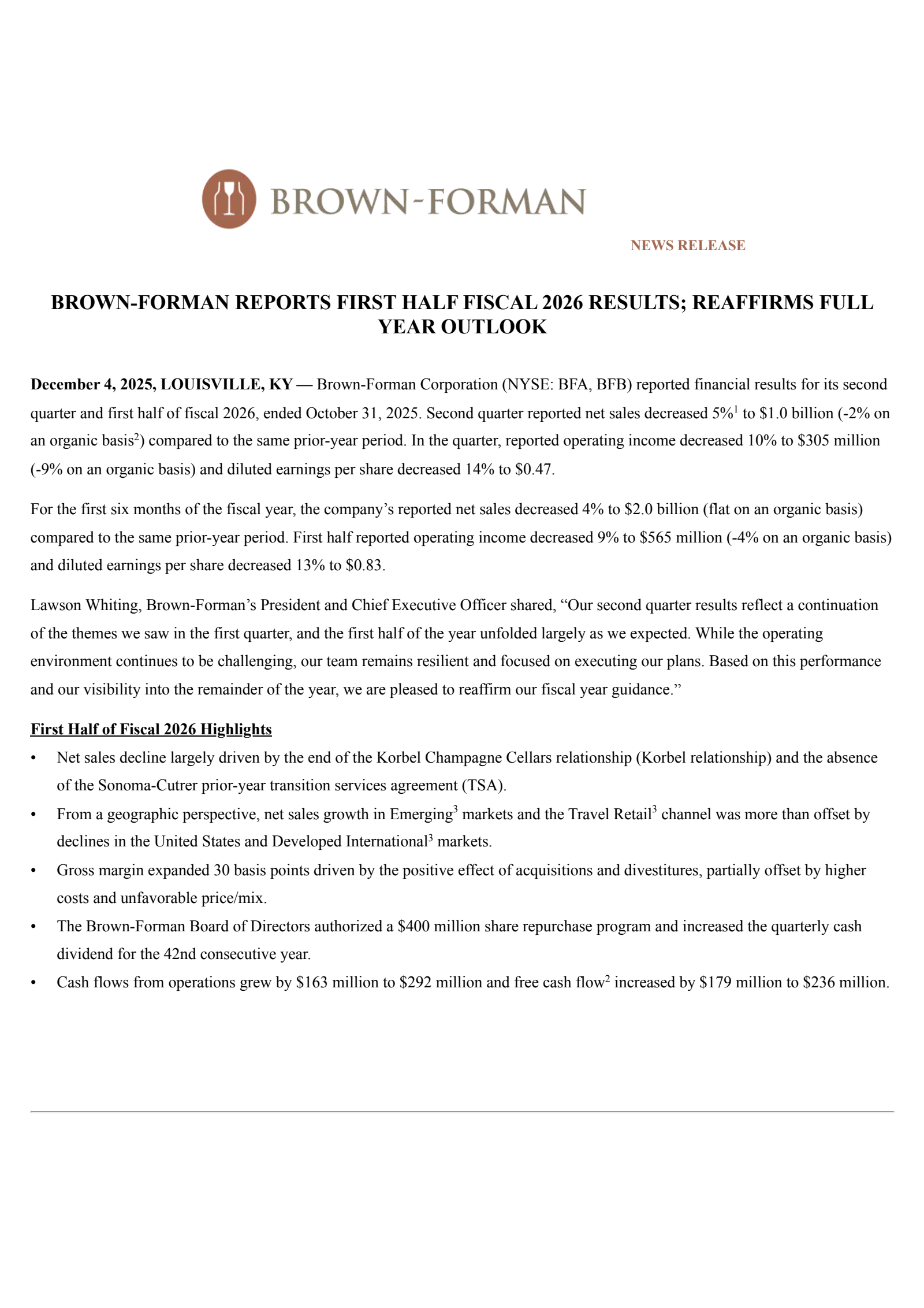 Brown Forman's Q2 2026 Earnings Release