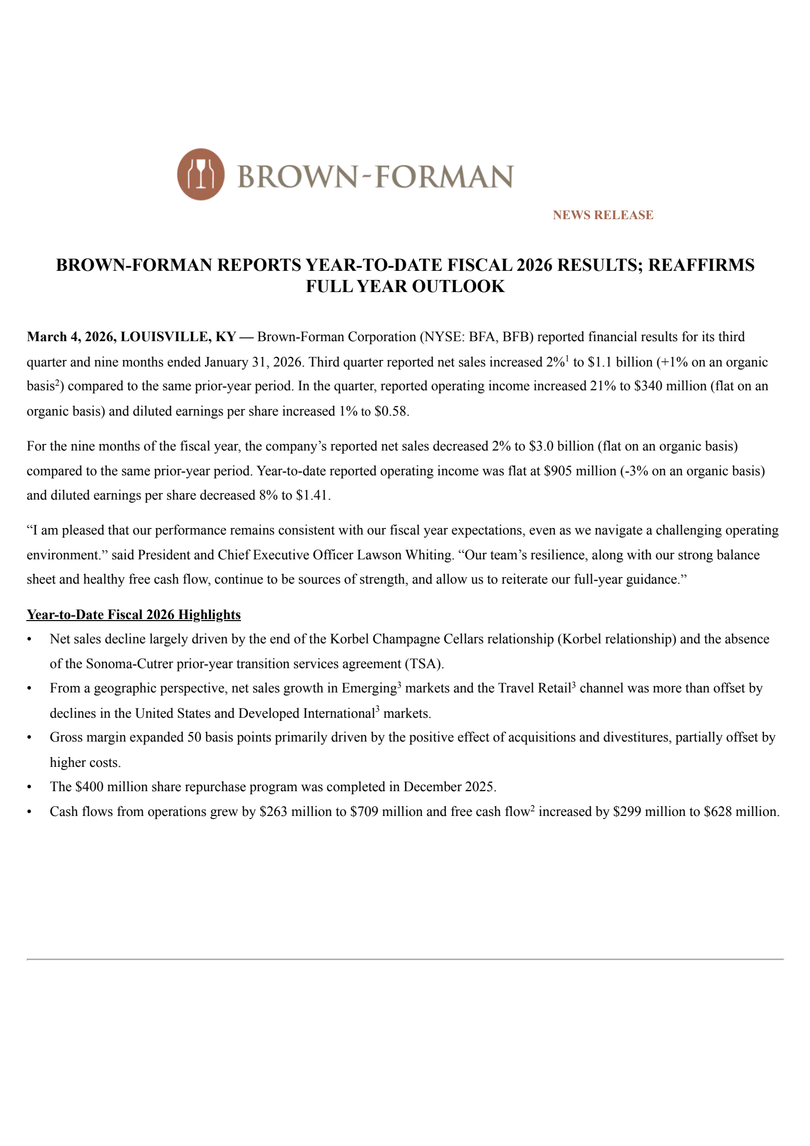 Brown Forman's Q3 2026 Press Release