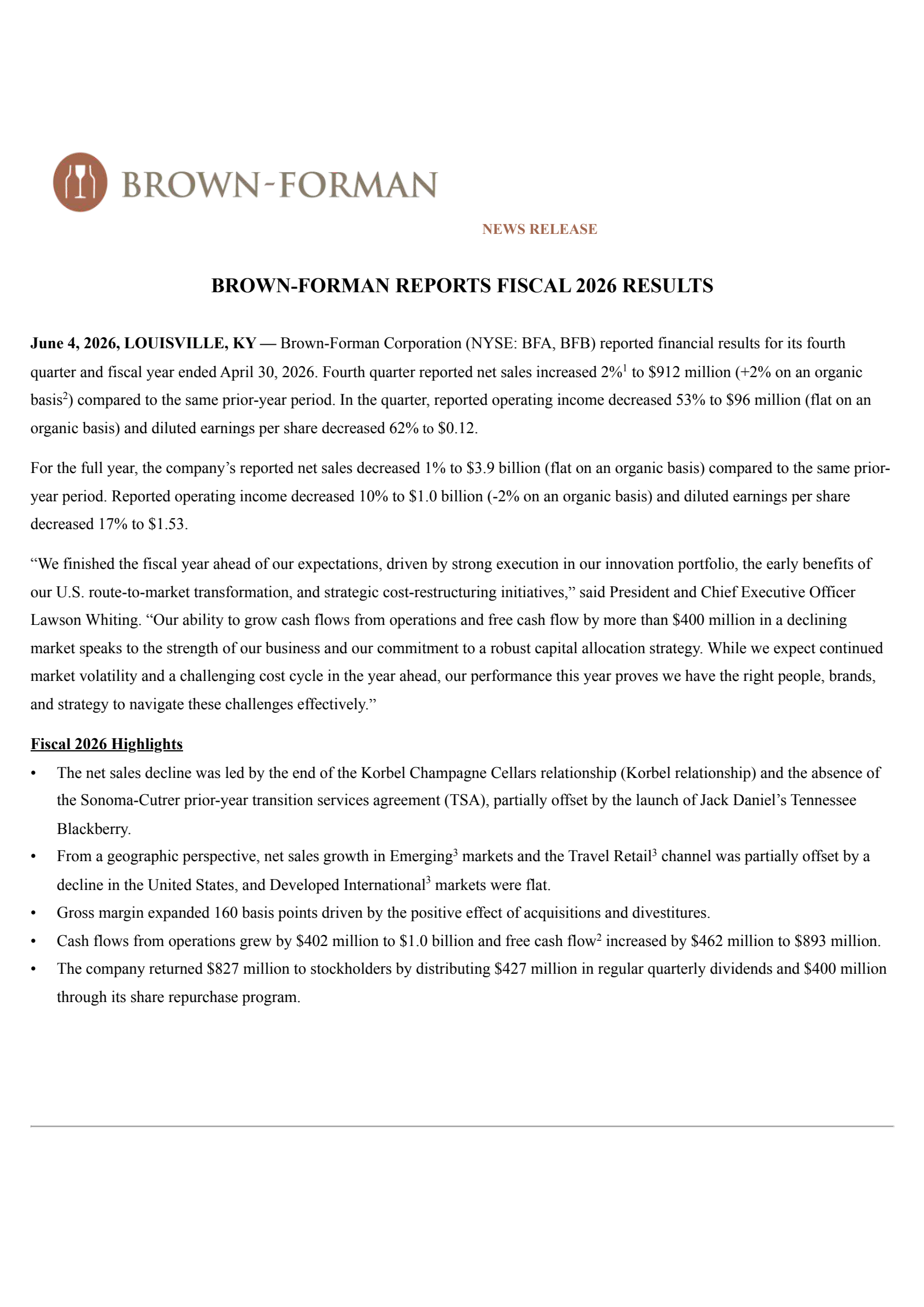Brown Forman's Q4 2026 Press Release