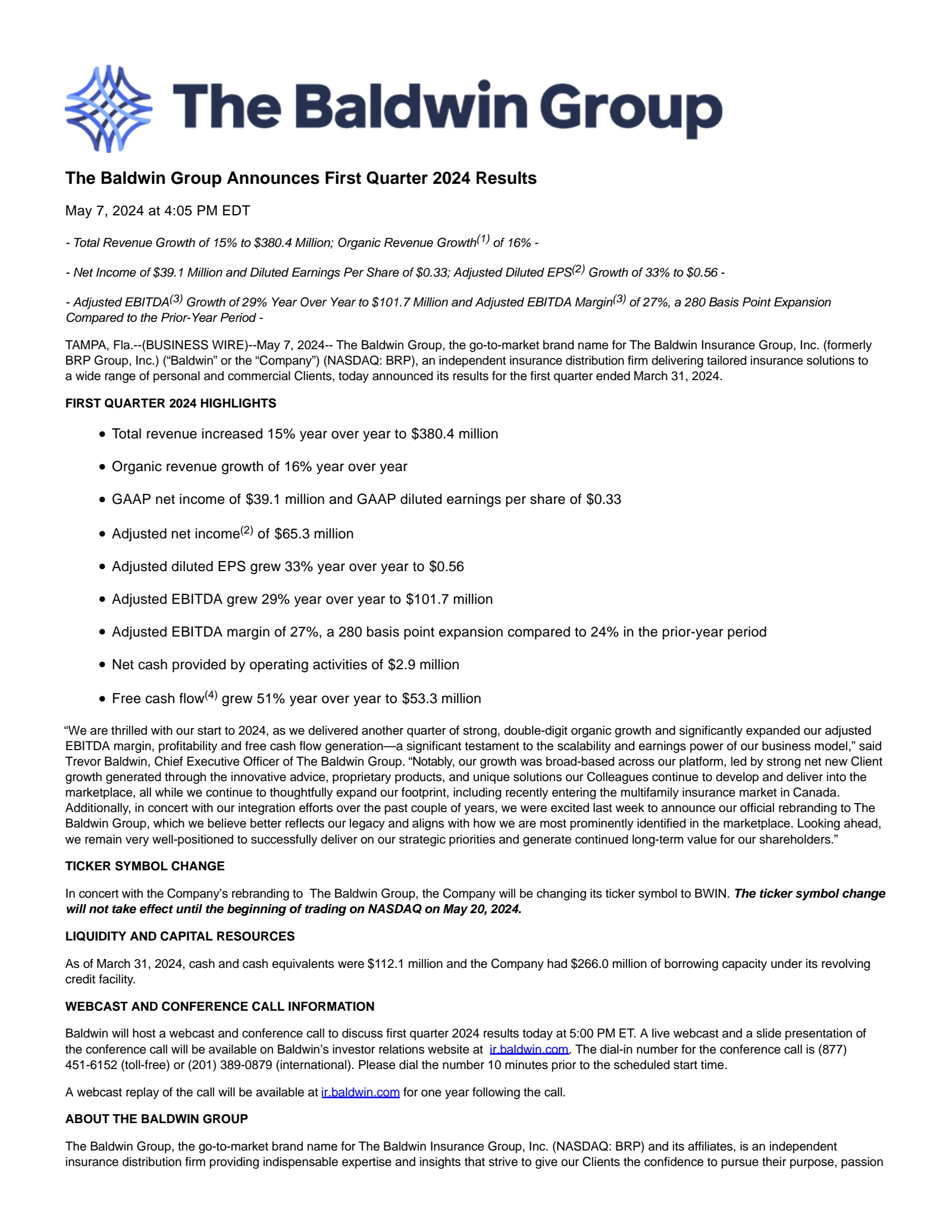 The Baldwin Insurance Group's Q1 2024 Press Release
