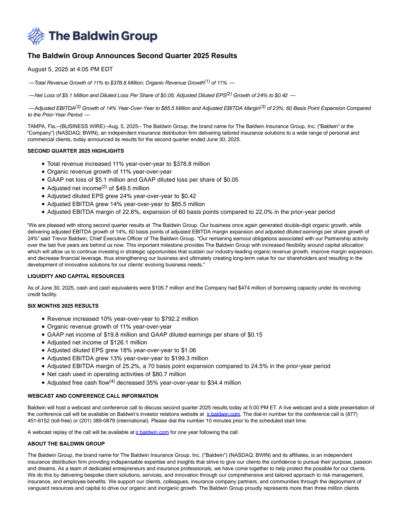 Baldwin Insurance Group's Q2 2025 Press Release