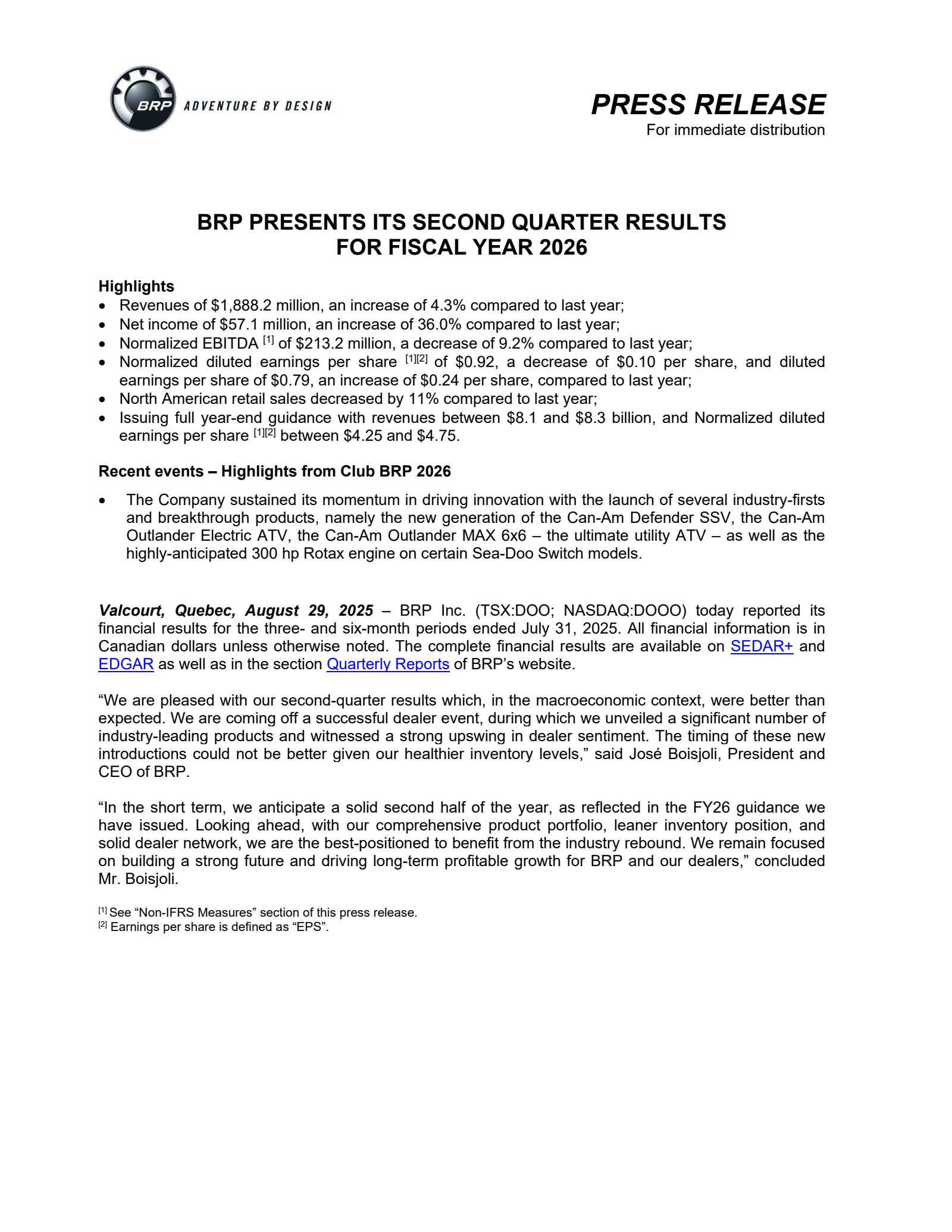 BRP's Q2 2026 Press Release