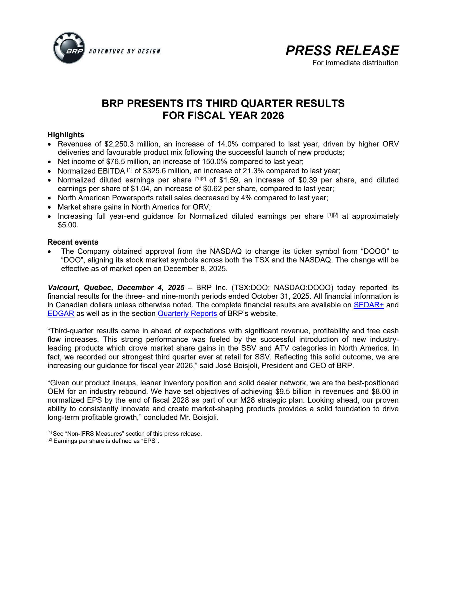 BRP's Q3 2026 Earnings Release