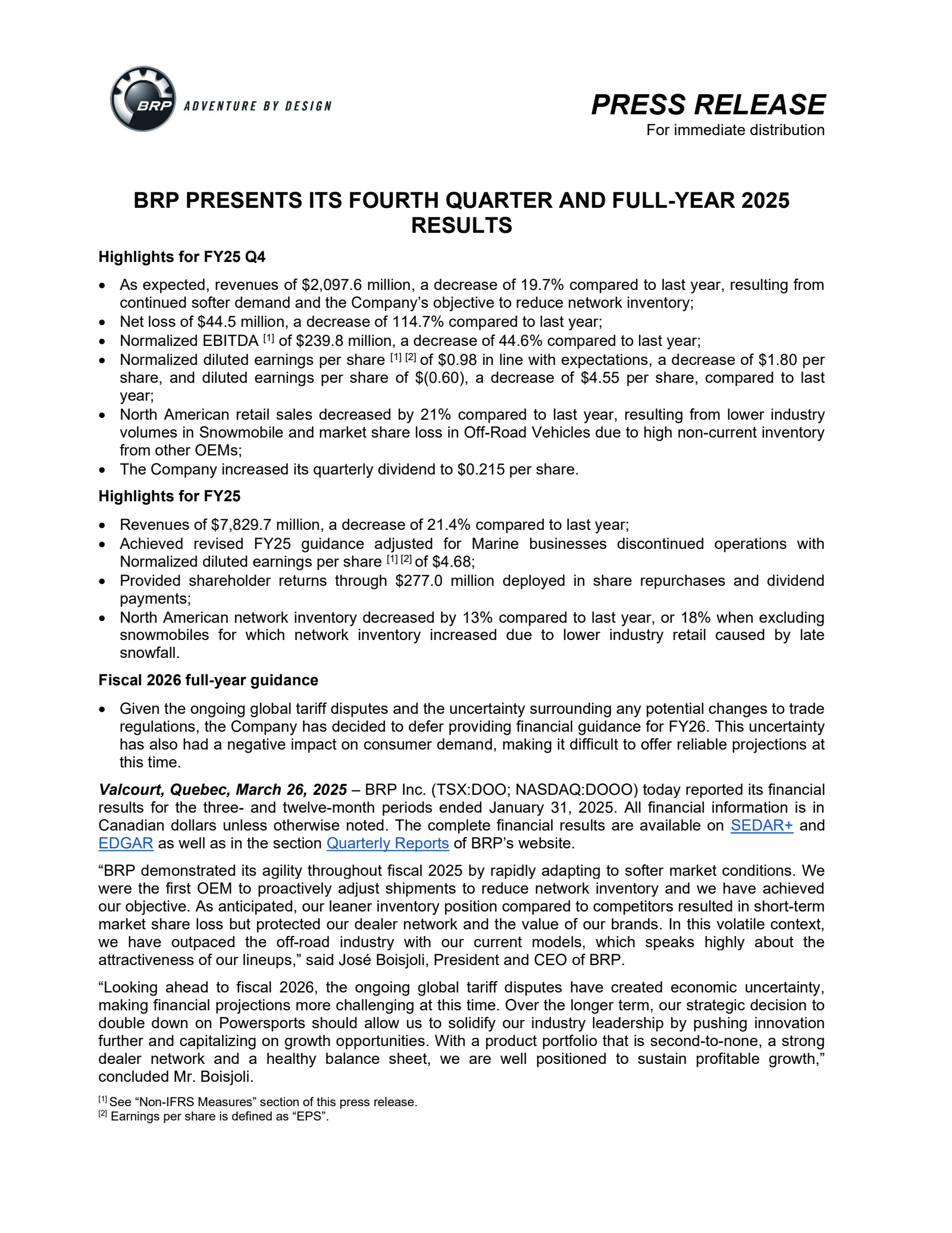 BRP's Q4 2025 Press Release