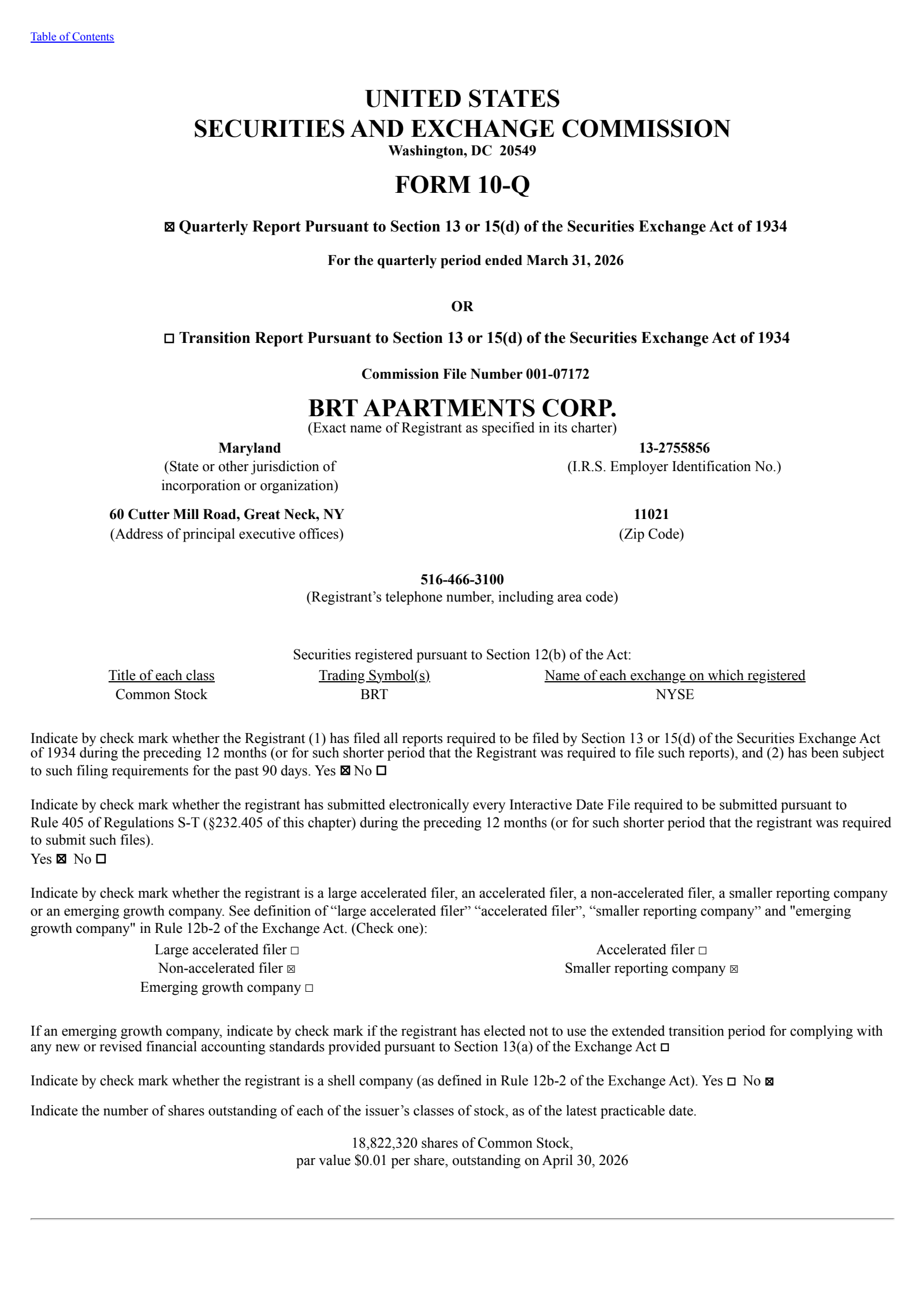 BRT Apartments' Q1 2026 Quarterly report