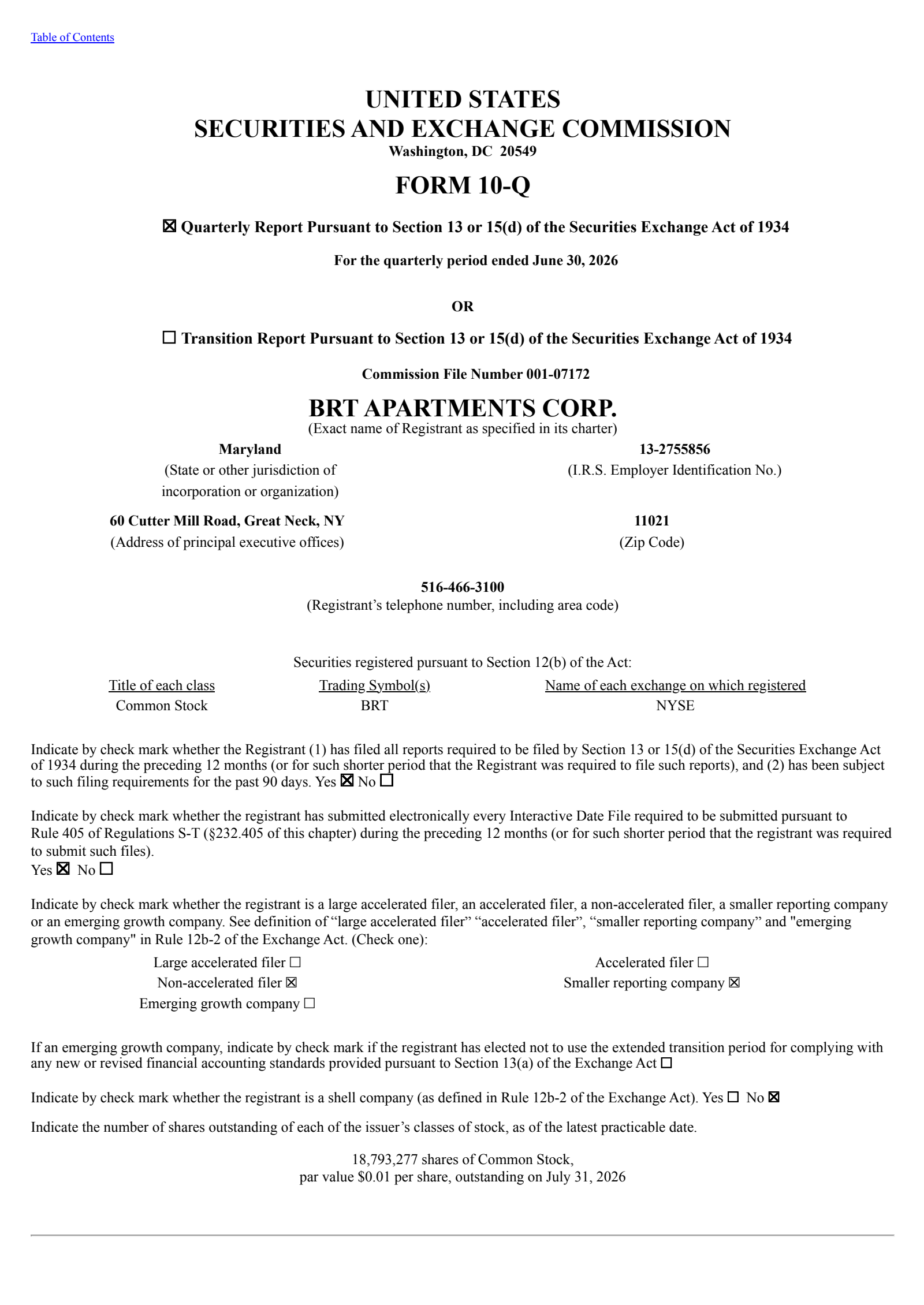 BRT Apartments' Q2 2026 Quarterly report