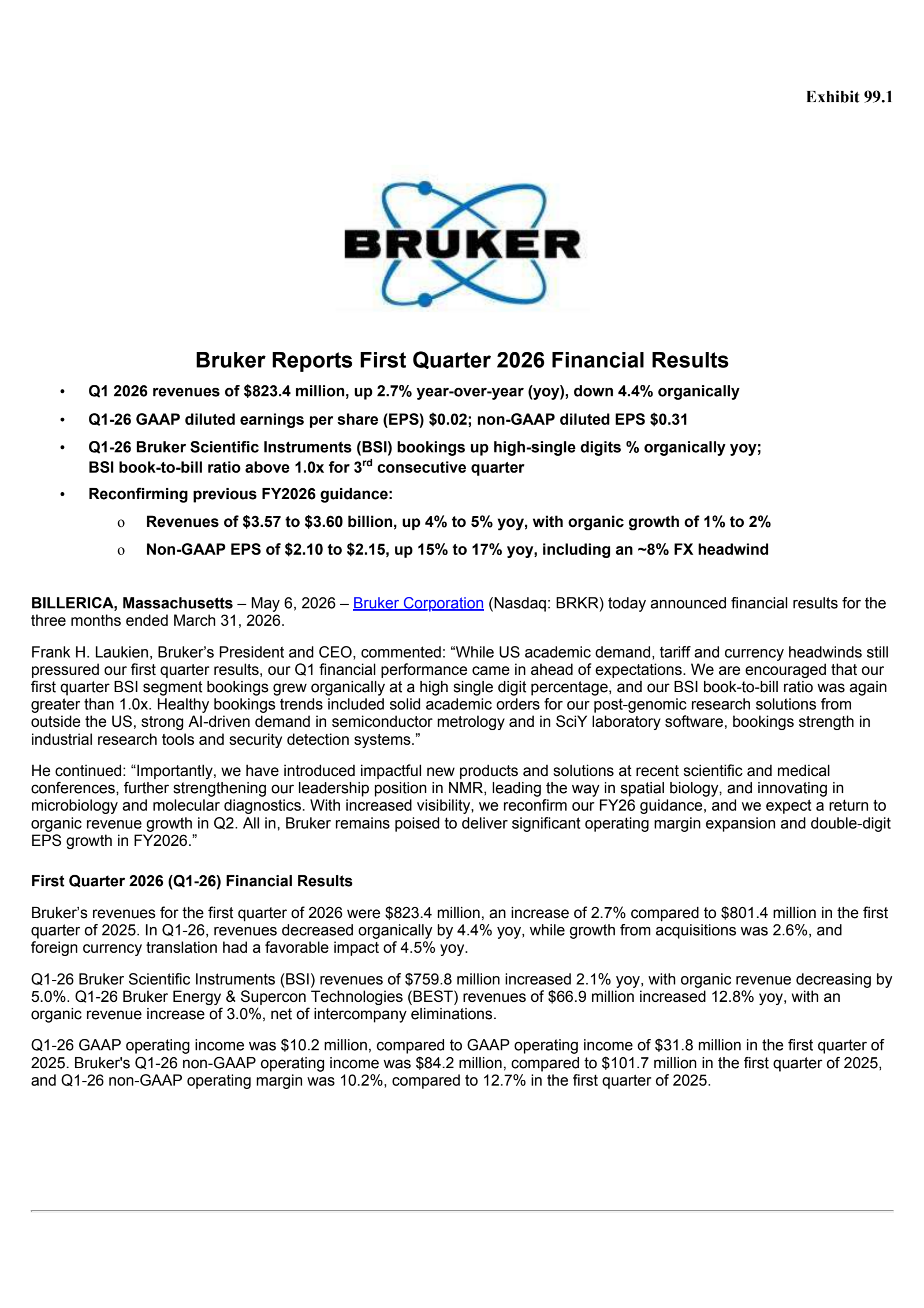 Bruker's Q1 2026 Press Release