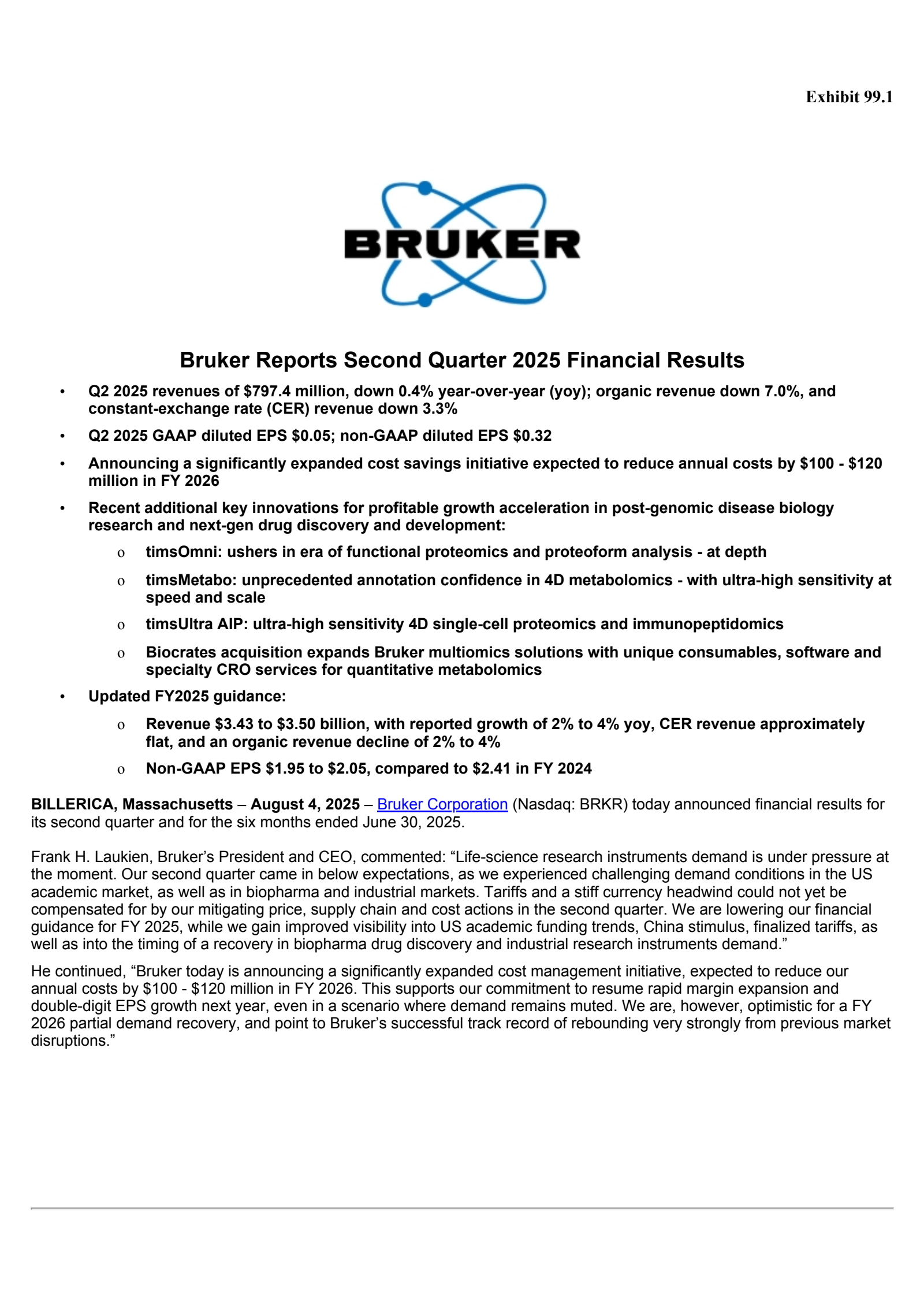 Bruker's Q2 2025 Press Release