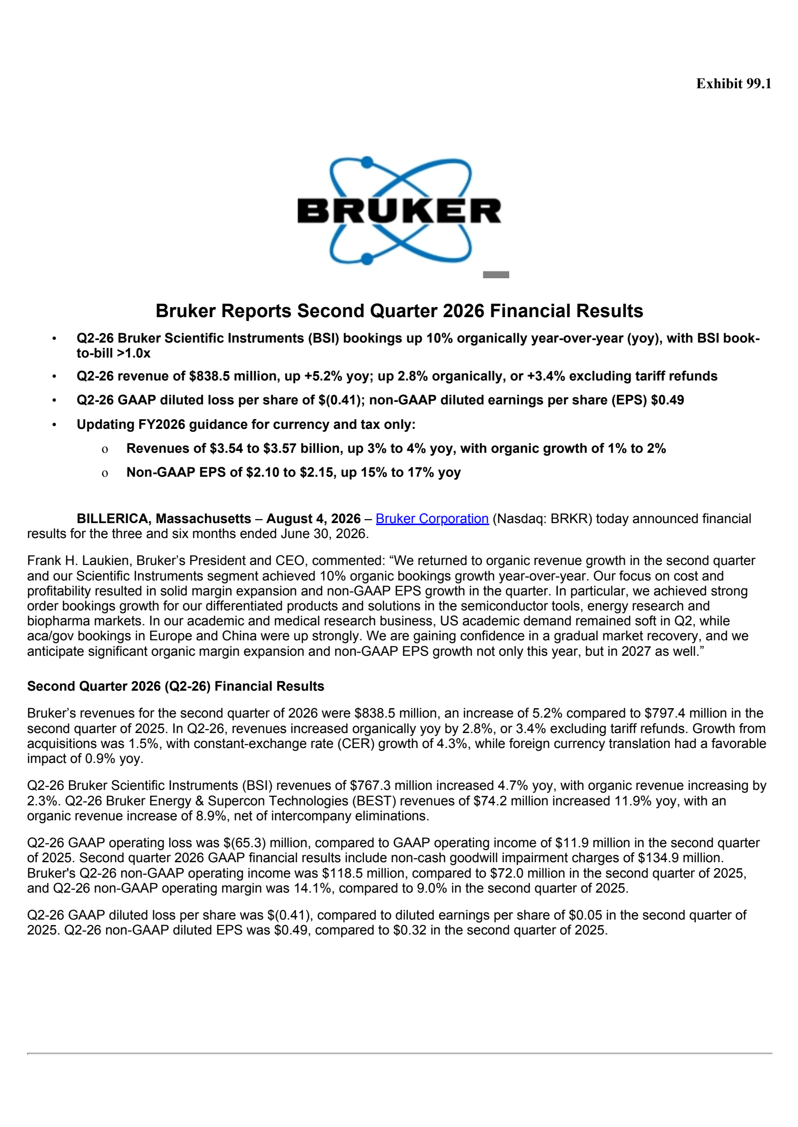 Bruker's Q2 2026 Press Release